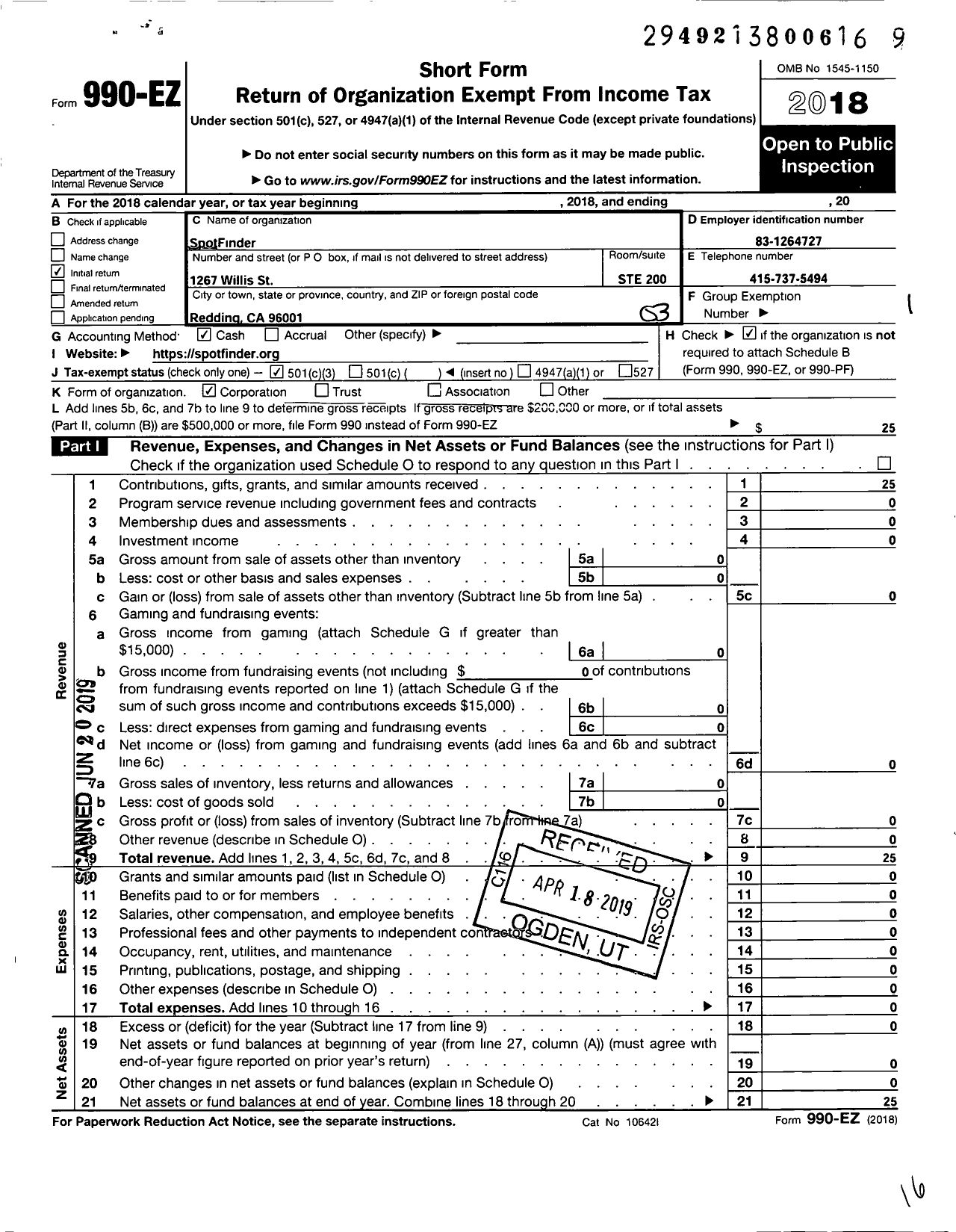 Image of first page of 2018 Form 990EZ for Spotfinder