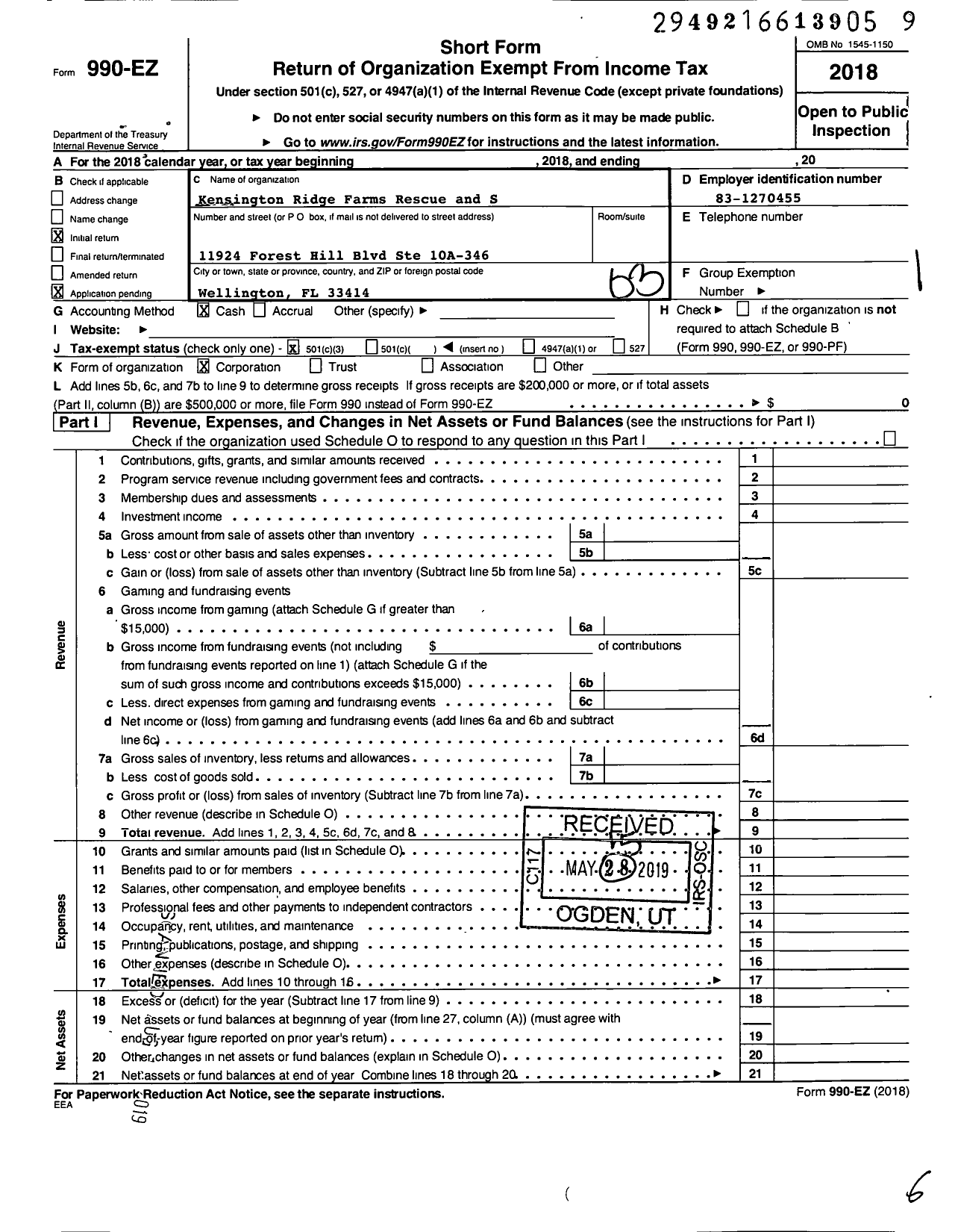 Image of first page of 2018 Form 990EZ for Kensington Ridge Farms Rescue and Sanctuary