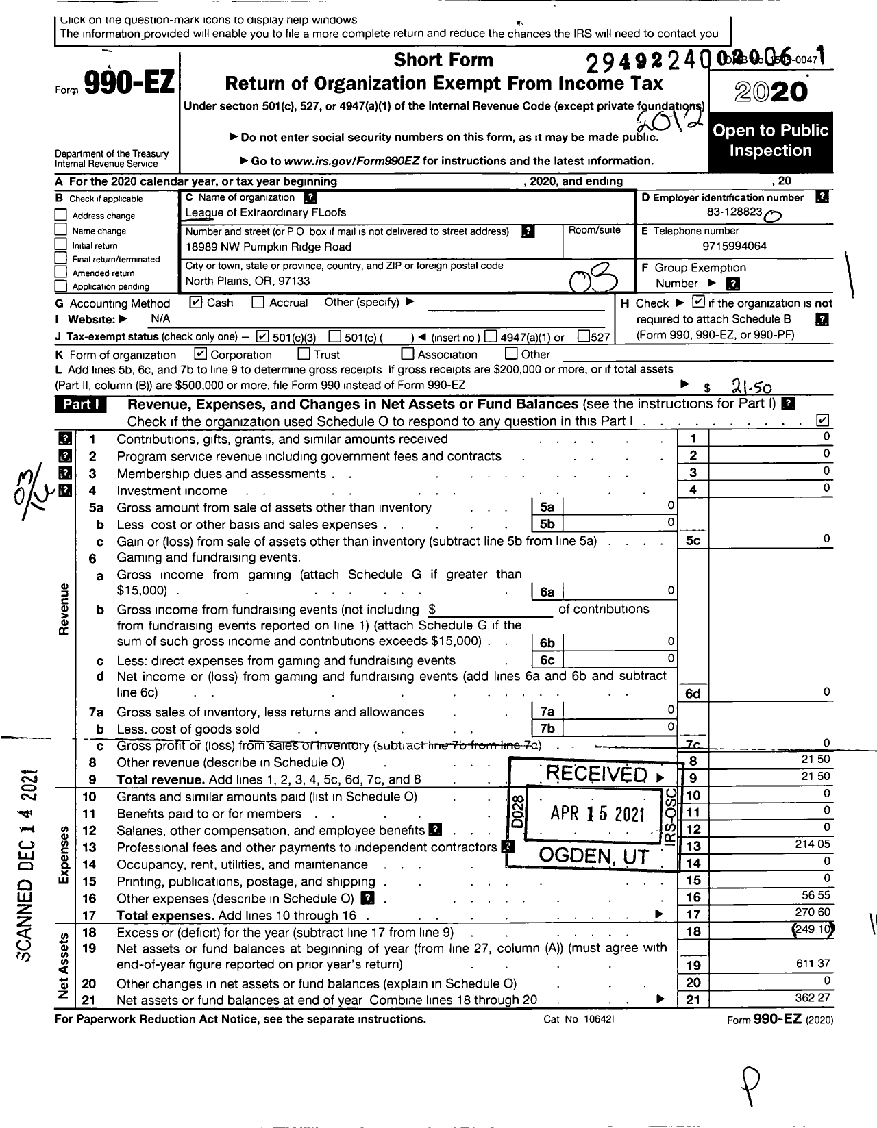 Image of first page of 2020 Form 990EZ for League of Extraordinary Floofs