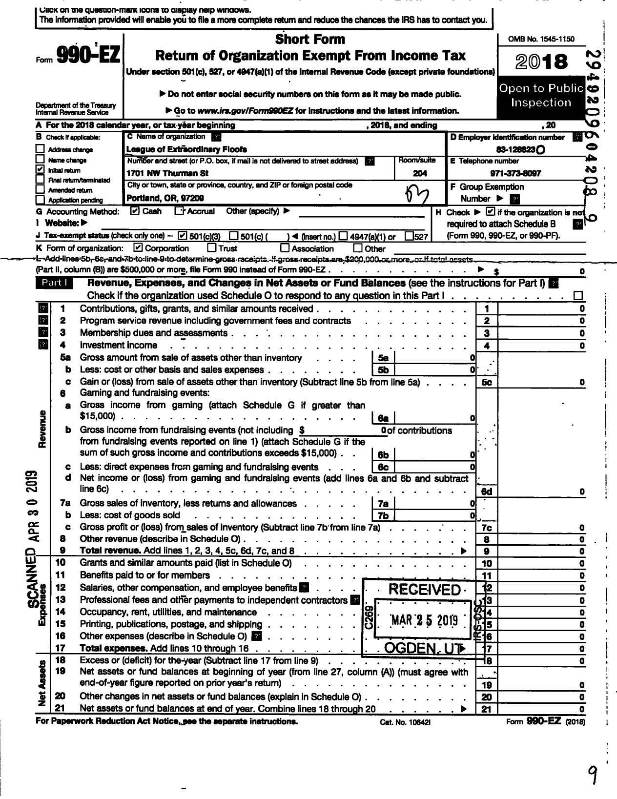 Image of first page of 2018 Form 990EZ for League of Extraordinary Floofs