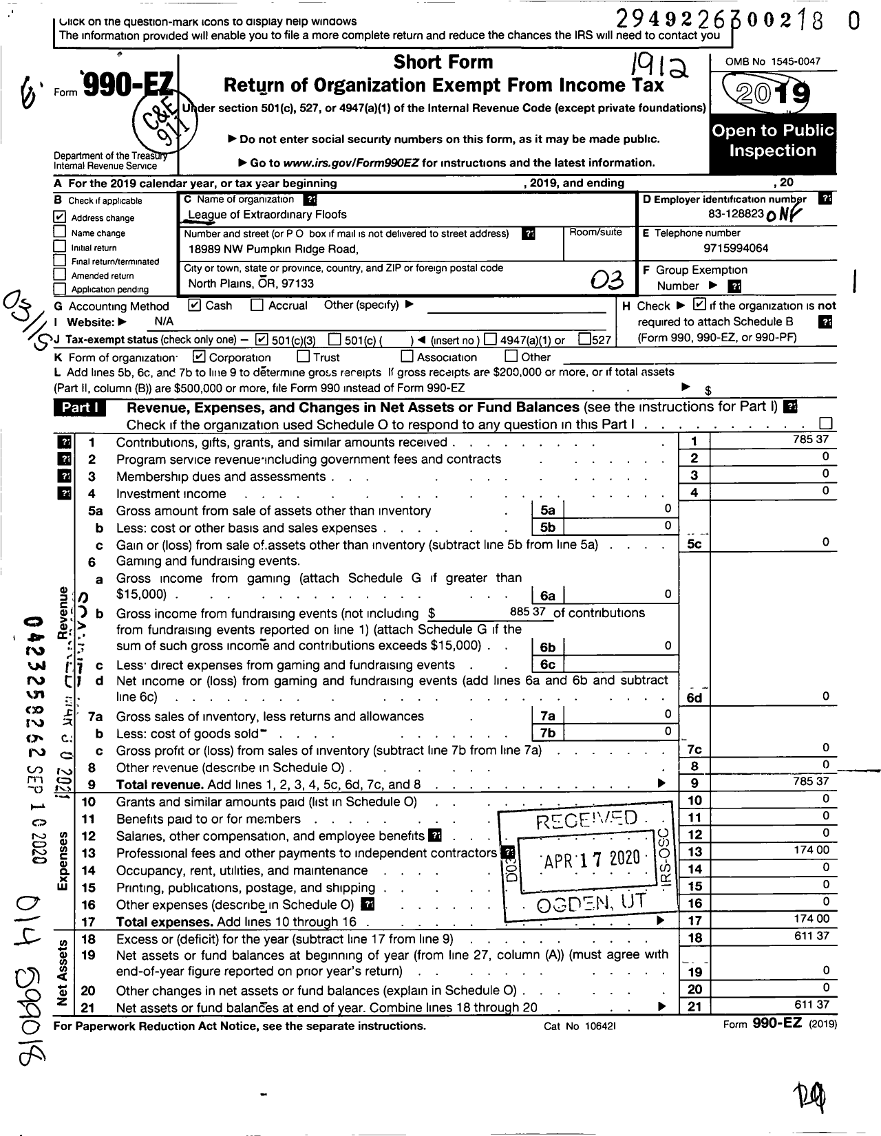 Image of first page of 2019 Form 990EZ for League of Extraordinary Floofs