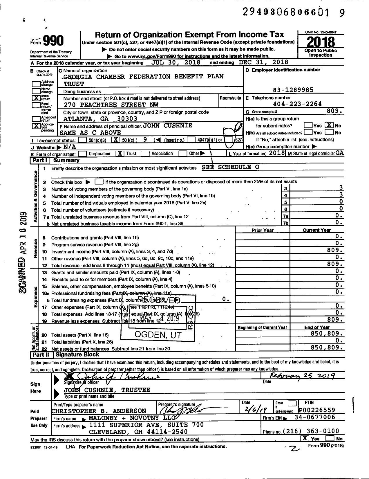 Image of first page of 2018 Form 990O for Georgia Chamber Federation Benefit Plan Trust