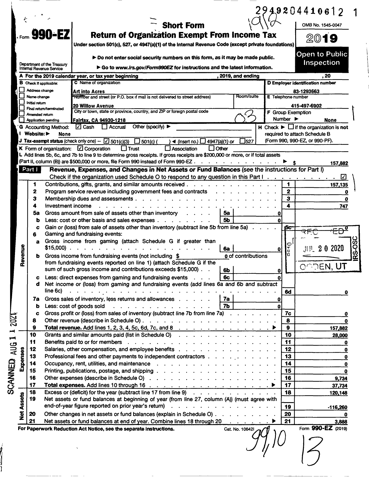 Image of first page of 2019 Form 990EZ for Art into Acres