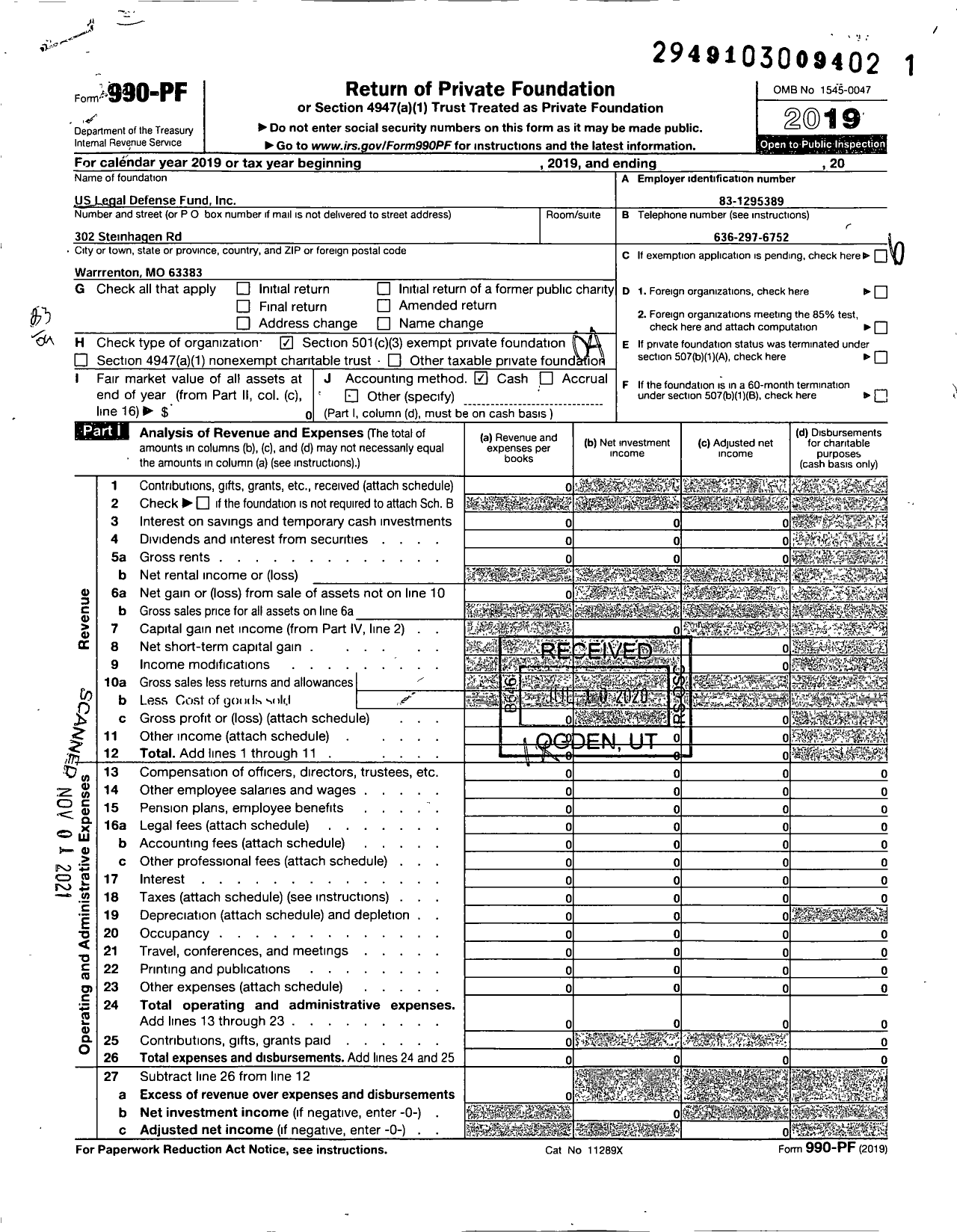 Image of first page of 2019 Form 990PF for US Legal Defense Fund