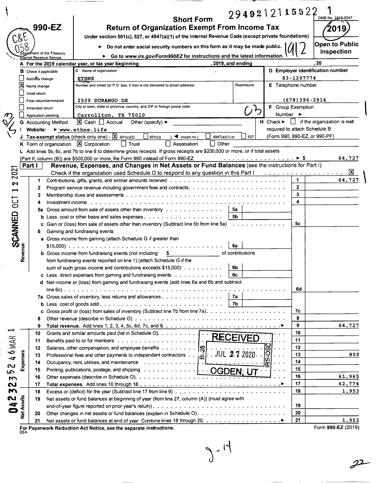 Image of first page of 2019 Form 990EZ for Ethne