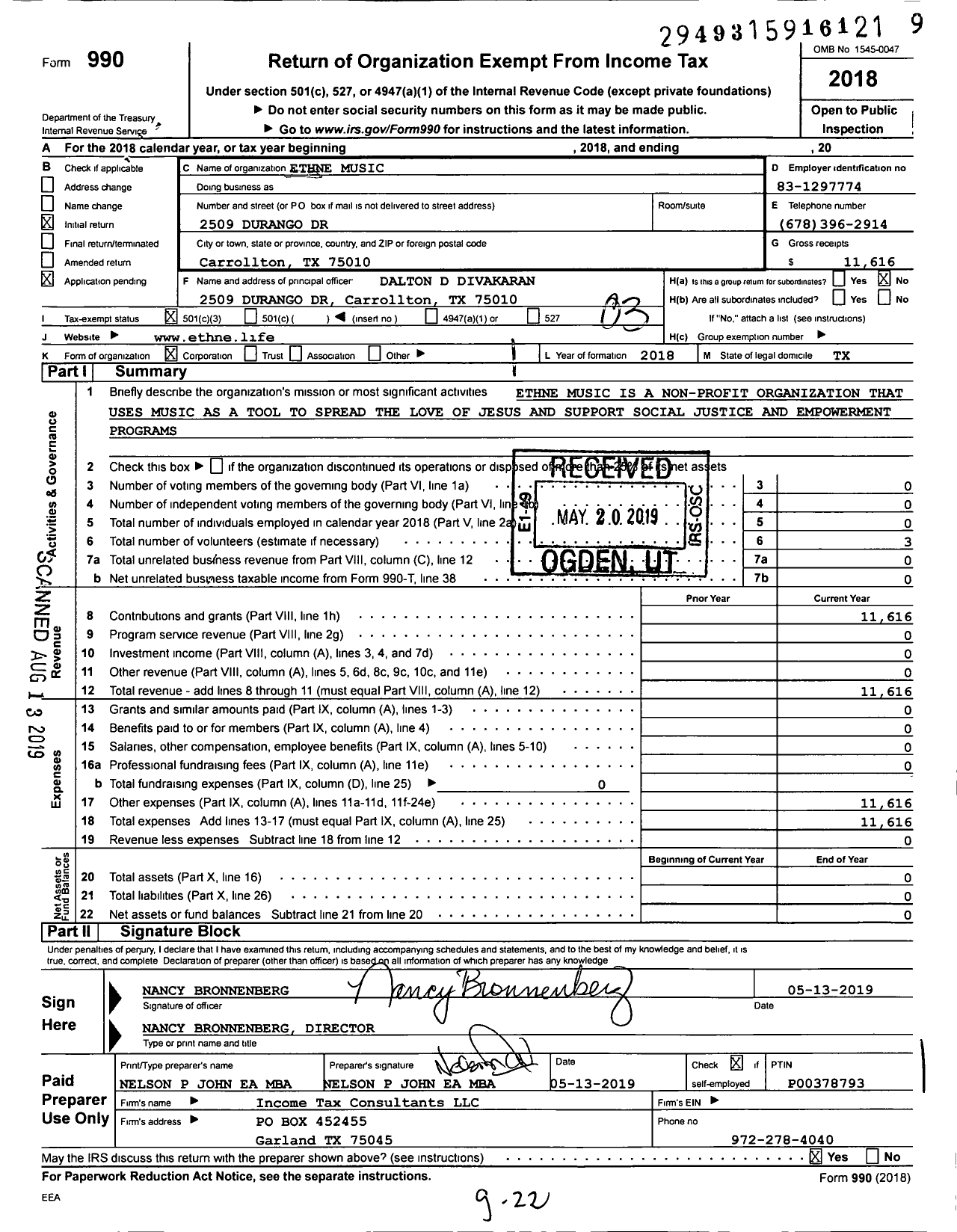 Image of first page of 2018 Form 990 for Ethne