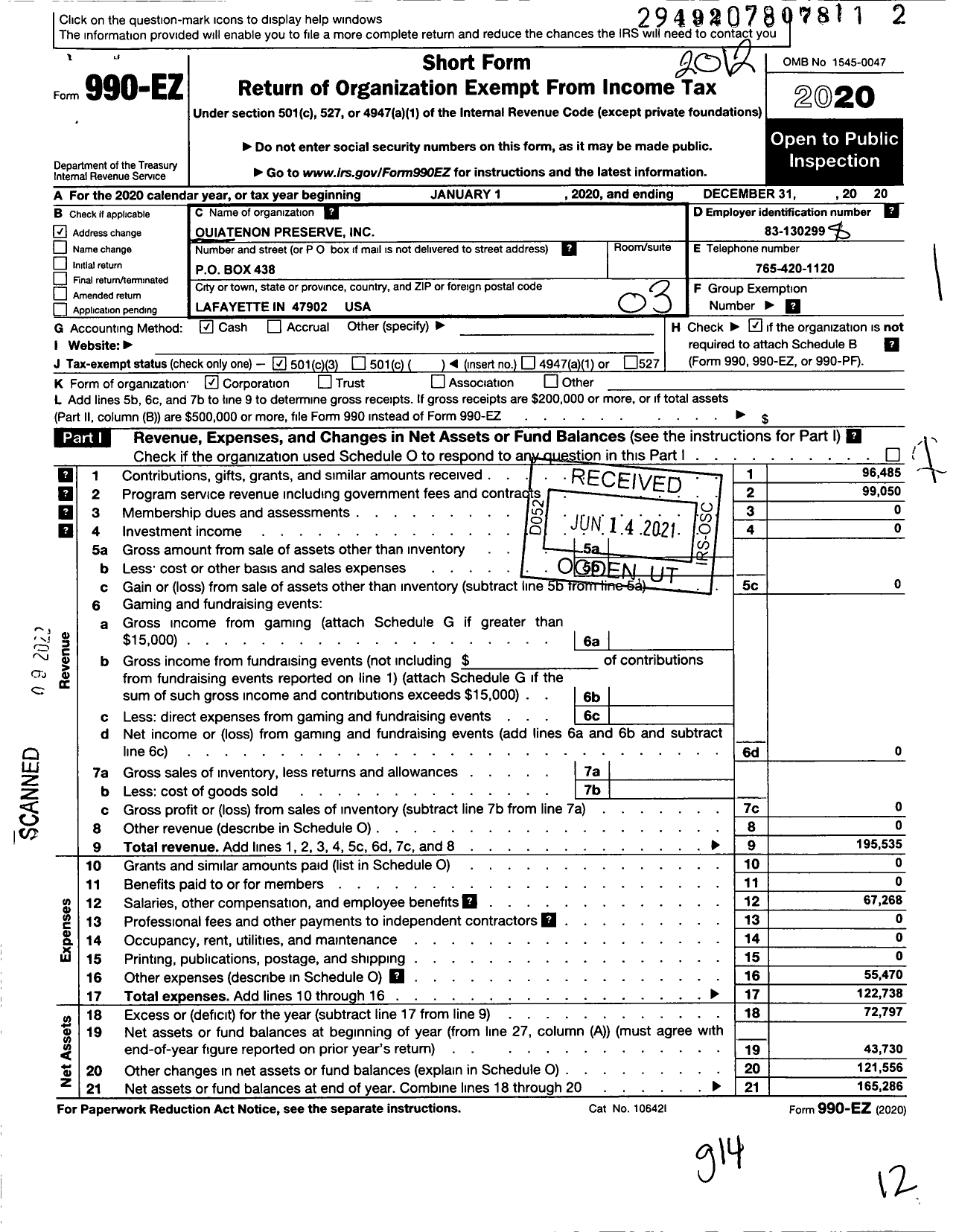 Image of first page of 2020 Form 990EZ for Ouiatenon Preserve