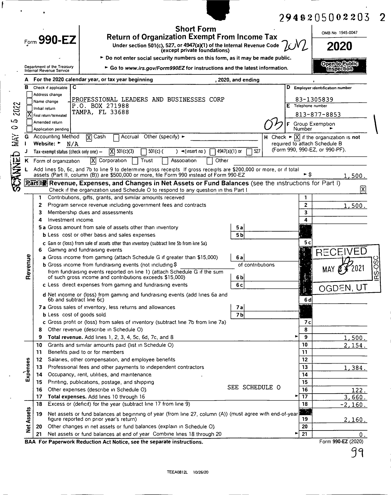 Image of first page of 2020 Form 990EZ for Professional Leaders and Businesses Corporation