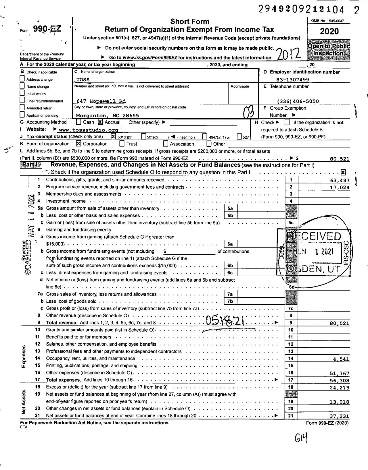 Image of first page of 2020 Form 990EZ for Toss