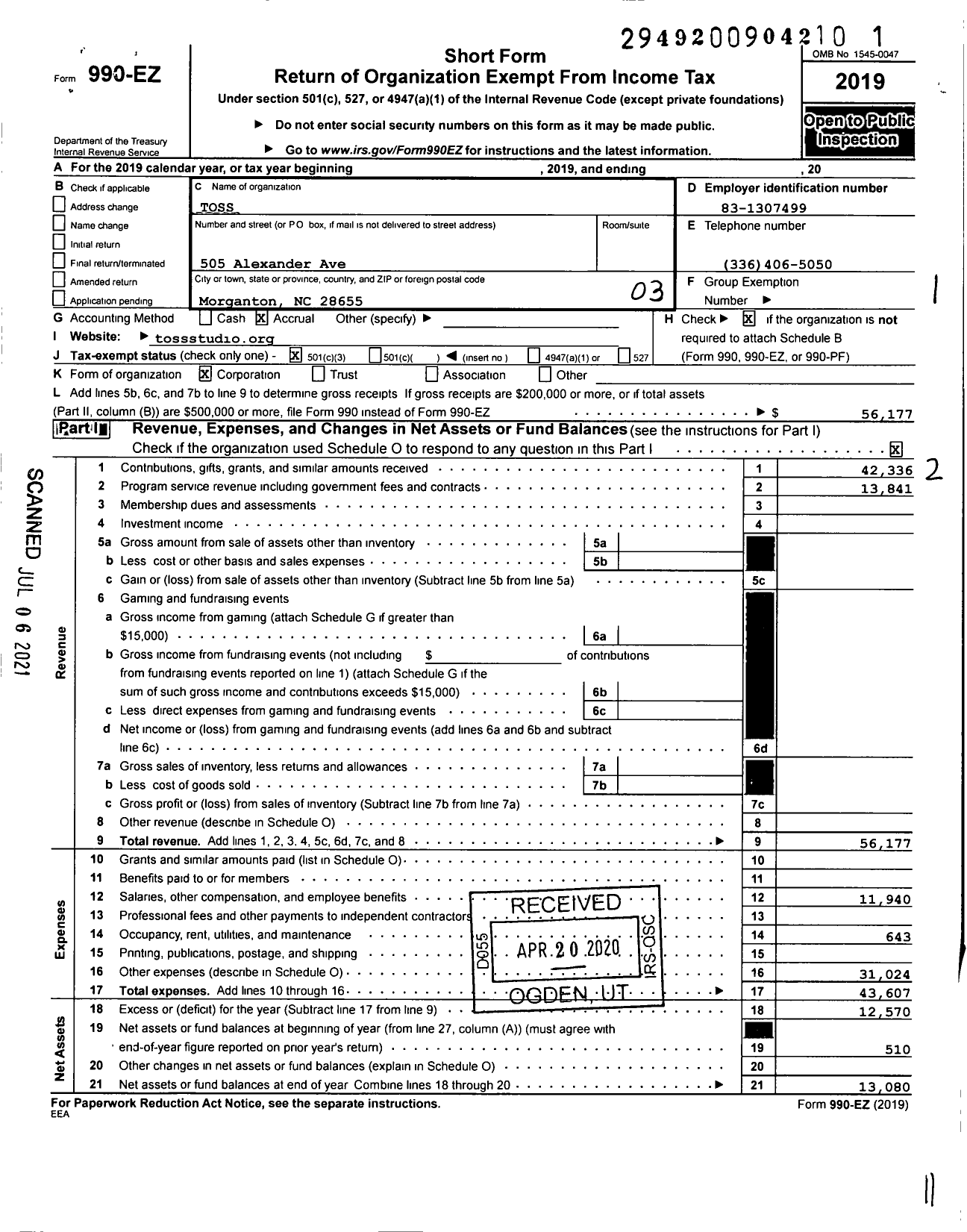 Image of first page of 2019 Form 990EZ for Toss