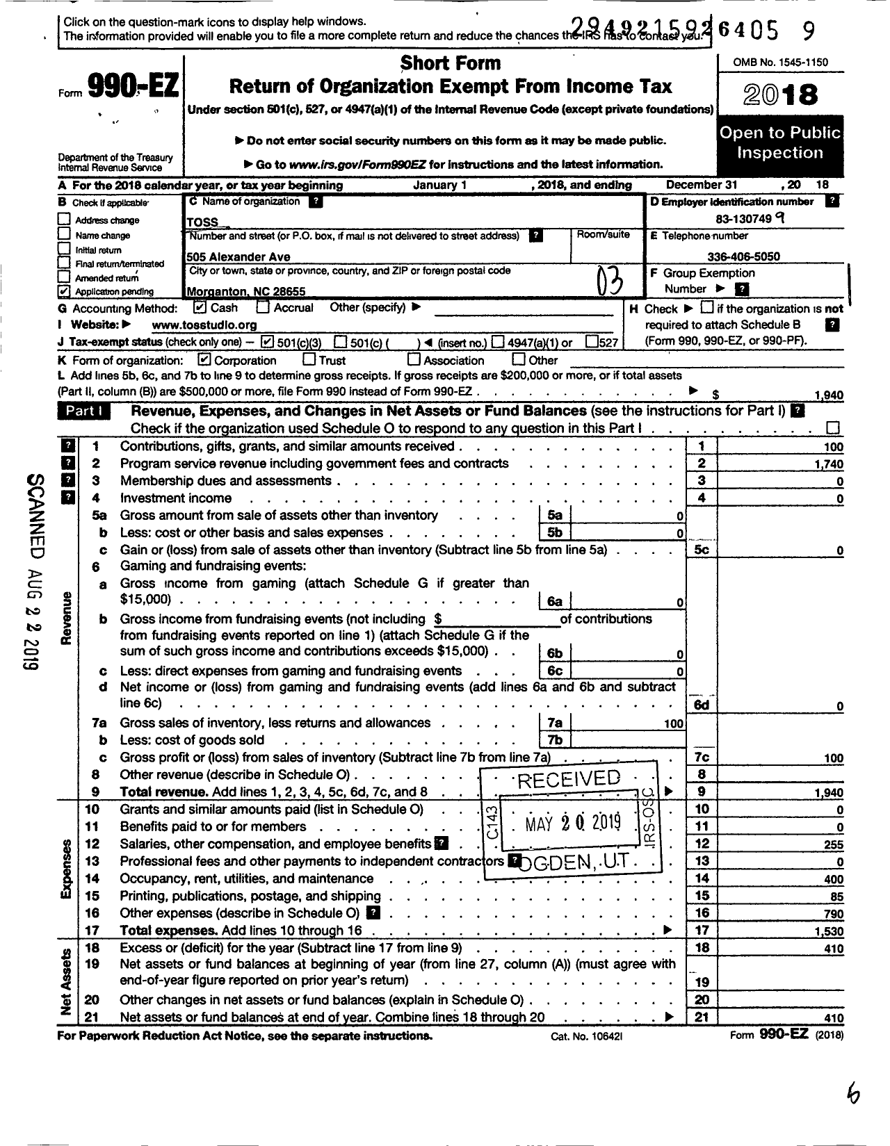 Image of first page of 2018 Form 990EZ for Toss