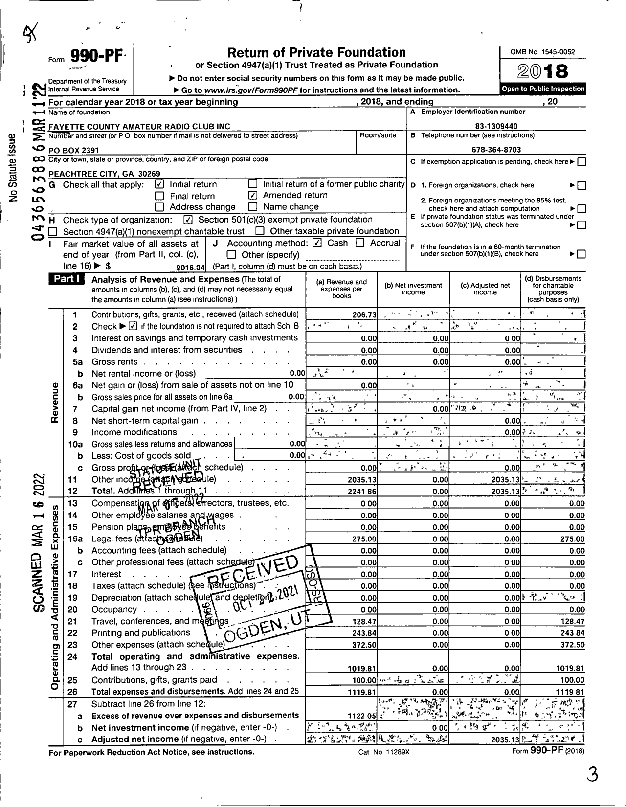 Image of first page of 2018 Form 990PA for Fayette County Amateur Radio Club