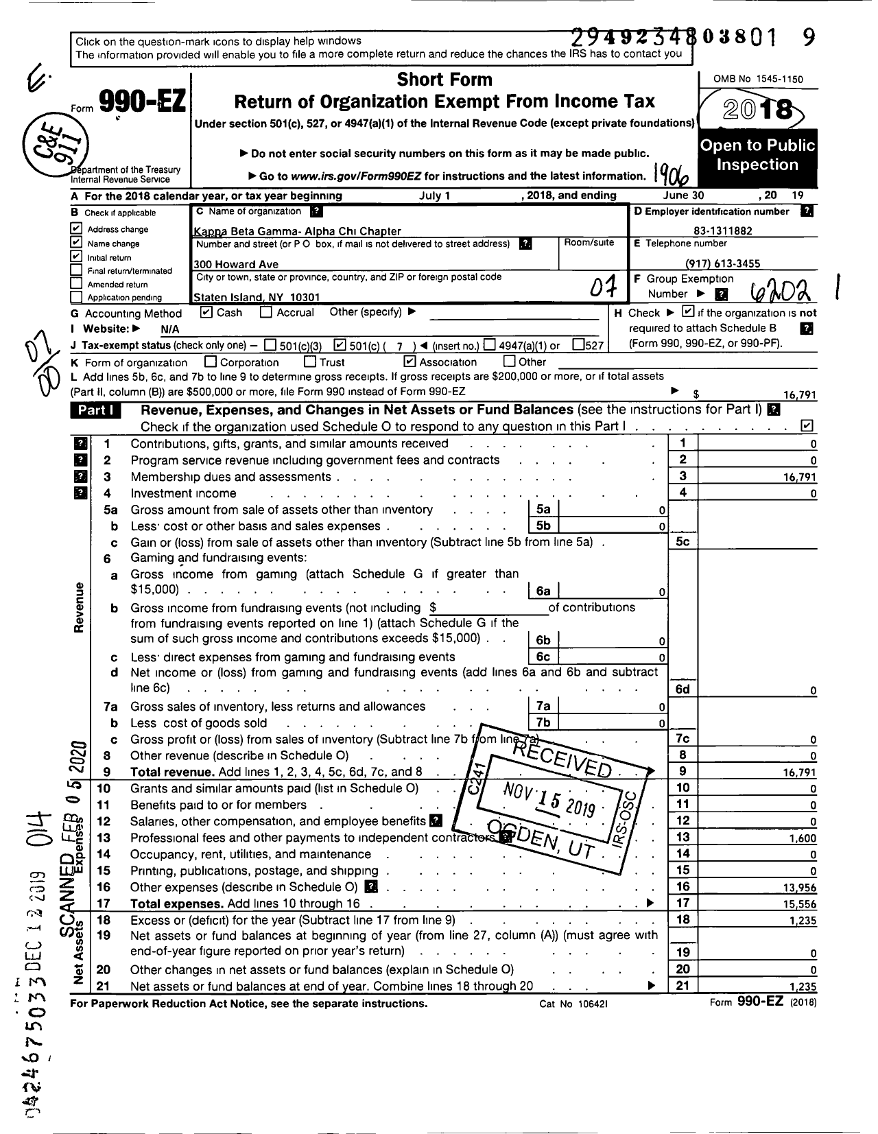 Image of first page of 2018 Form 990EO for Kappa Beta Gamma International / Alpha Chi Chapter