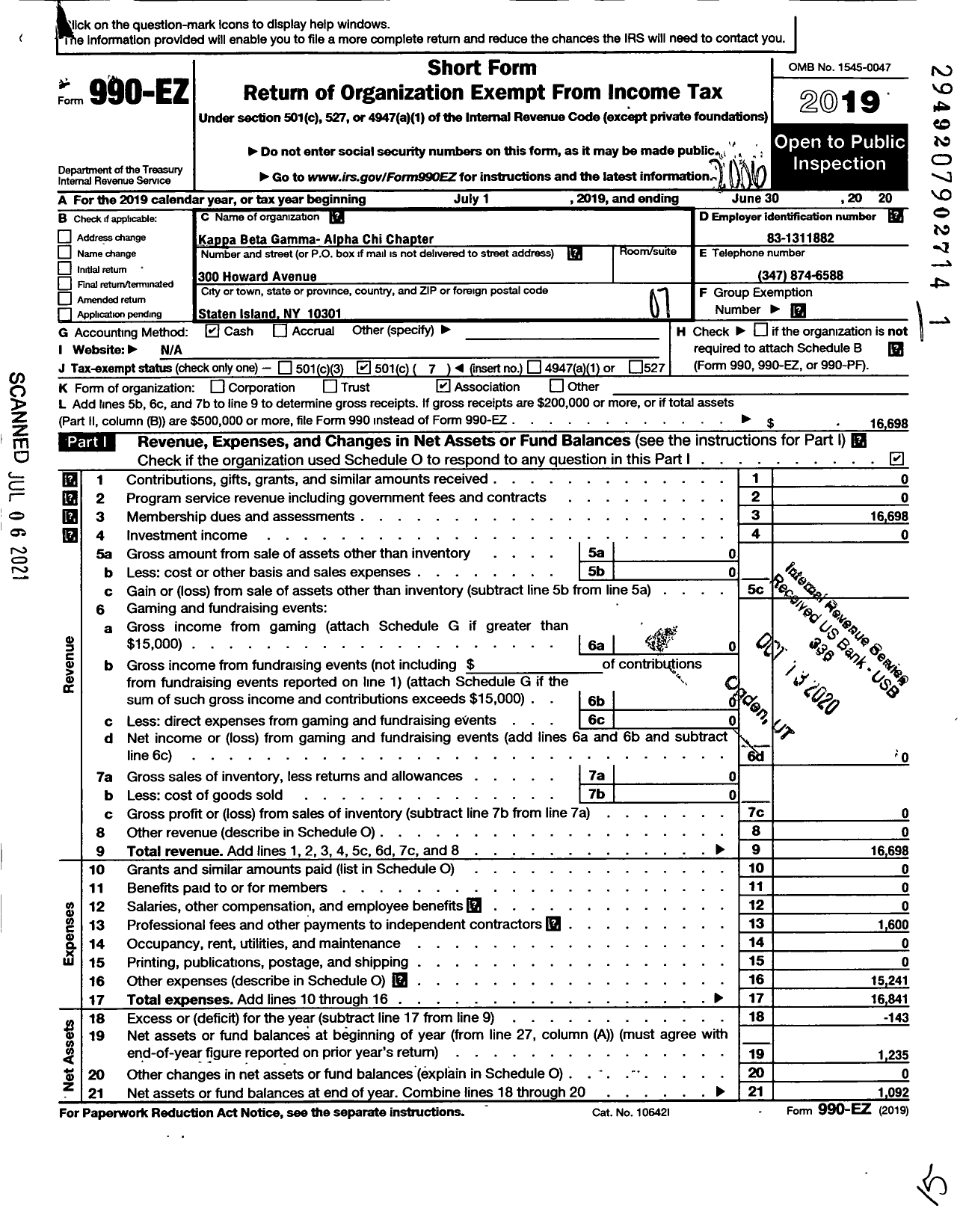 Image of first page of 2019 Form 990EO for Kappa Beta Gamma International / Alpha Chi Chapter