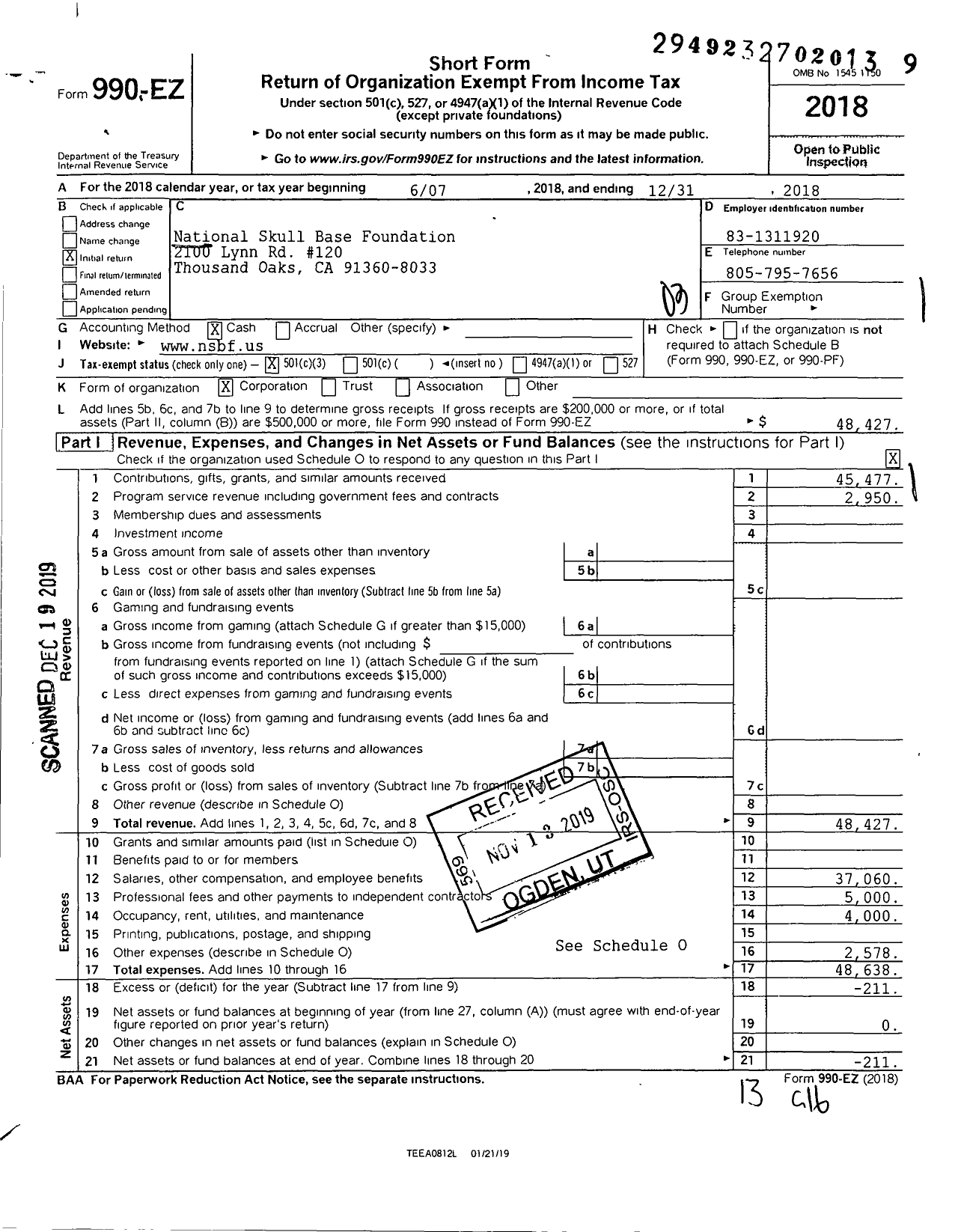 Image of first page of 2018 Form 990EZ for National Skull Base Foundation