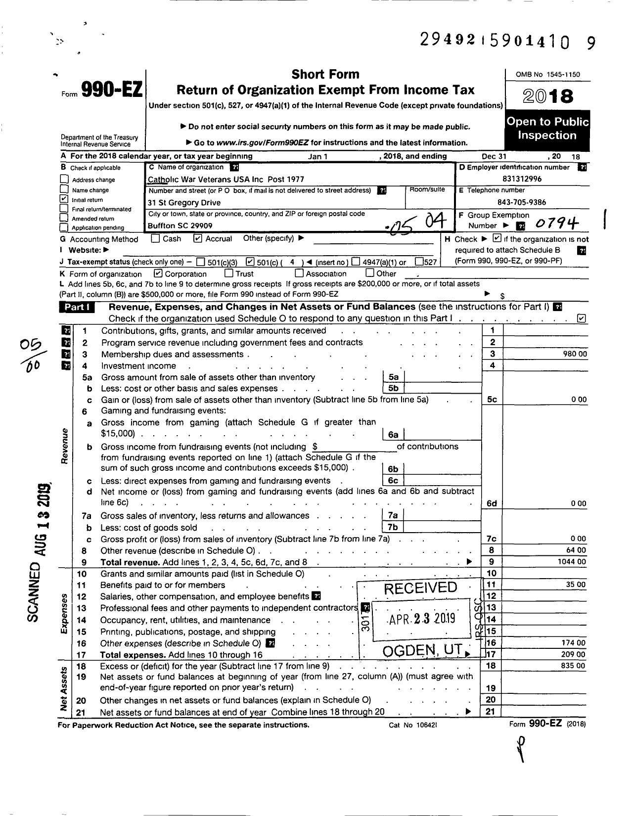 Image of first page of 2018 Form 990EO for Catholic War Veterans of the United States of America - 1977 Post