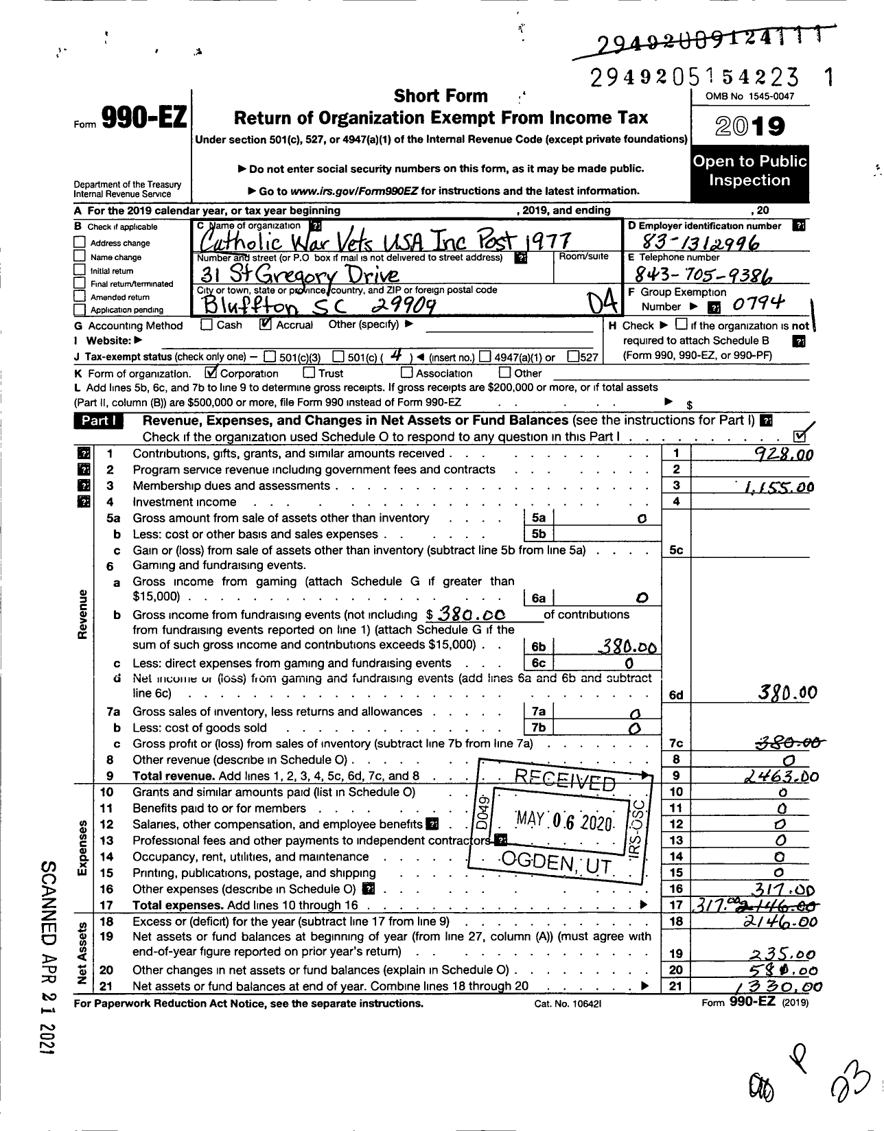 Image of first page of 2019 Form 990EO for Catholic War Veterans of the United States of America - 1977 Post