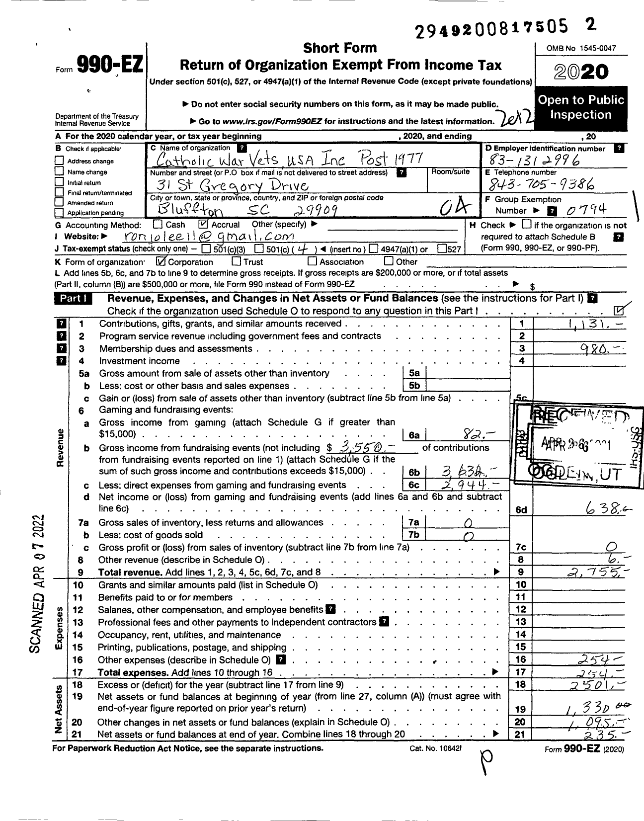 Image of first page of 2020 Form 990EO for Catholic War Veterans of the United States of America - 1977 Post