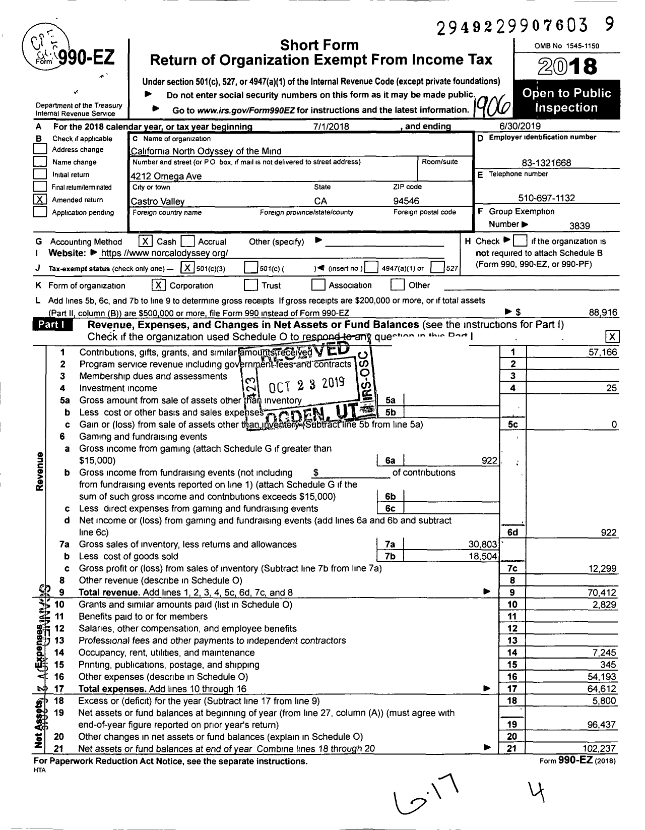 Image of first page of 2018 Form 990EZ for Creative Opportunities Unlimited / California N Odyssey of the Mind