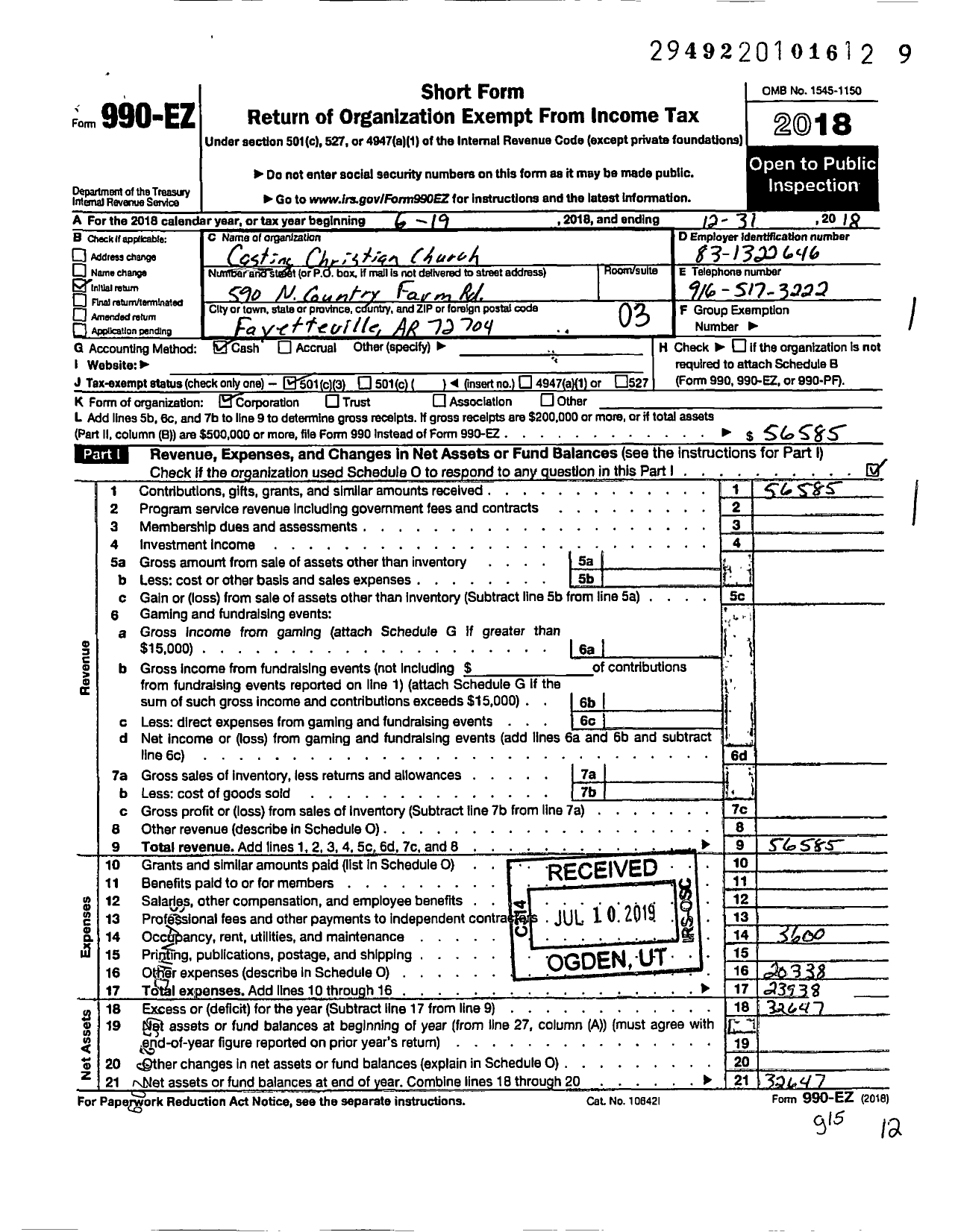 Image of first page of 2018 Form 990EZ for Casting Christian Church