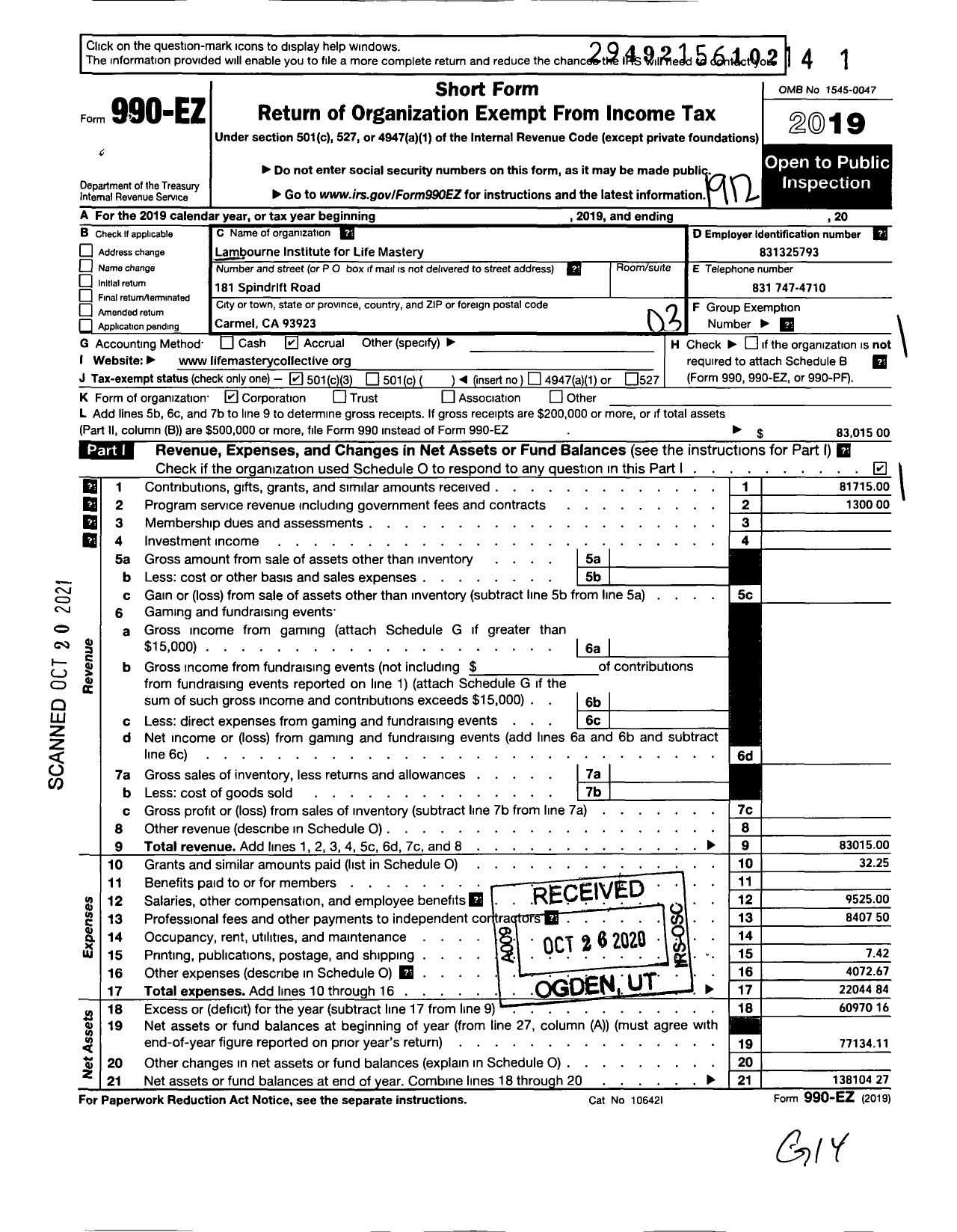 Image of first page of 2019 Form 990EZ for Lambourne Institute for Life Mastery