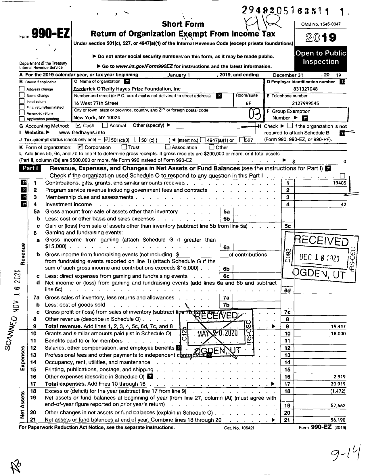 Image of first page of 2019 Form 990EZ for Frederick Oreilly Hayes Prize Foundation