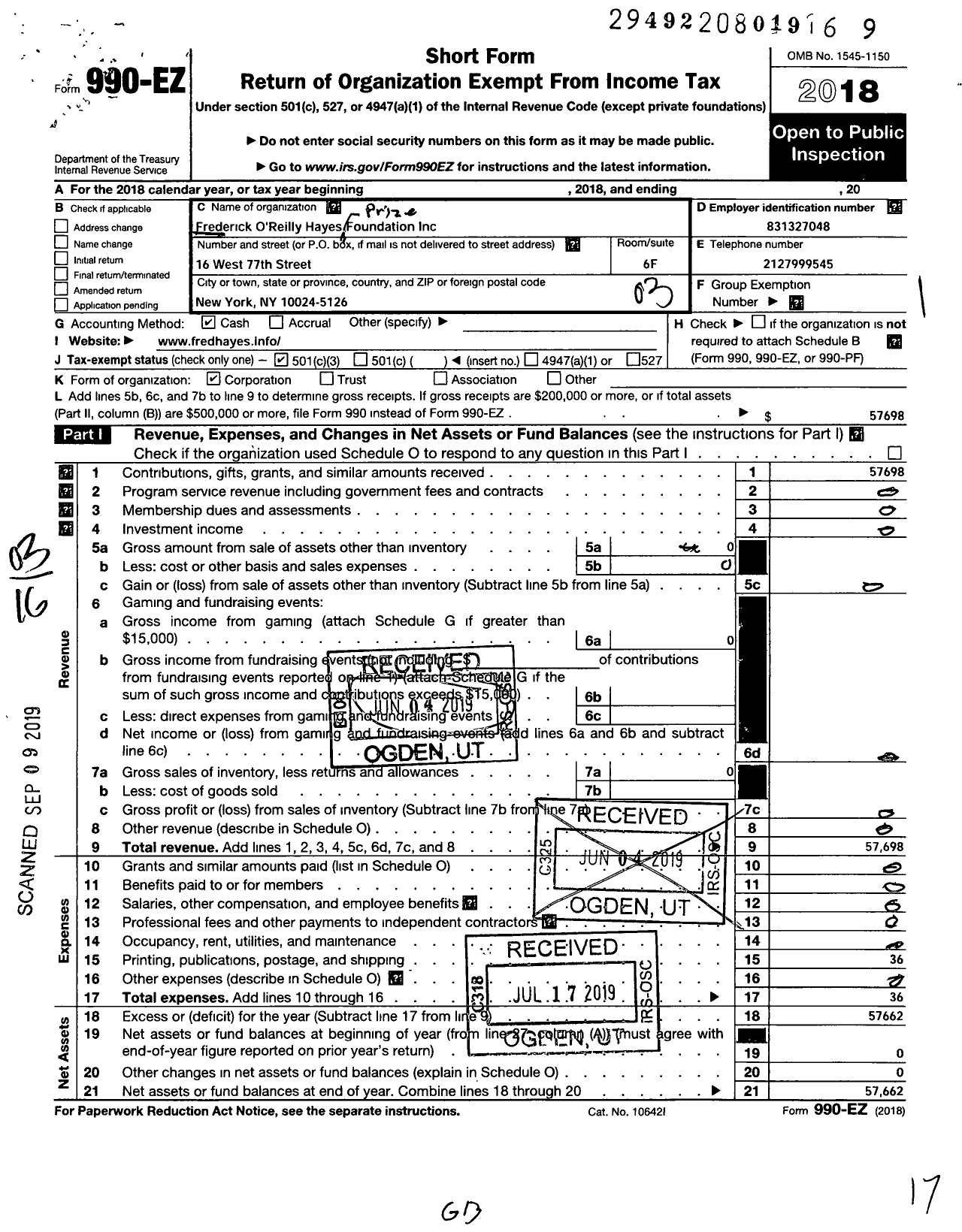 Image of first page of 2018 Form 990EZ for Frederick Oreilly Hayes Prize Foundation