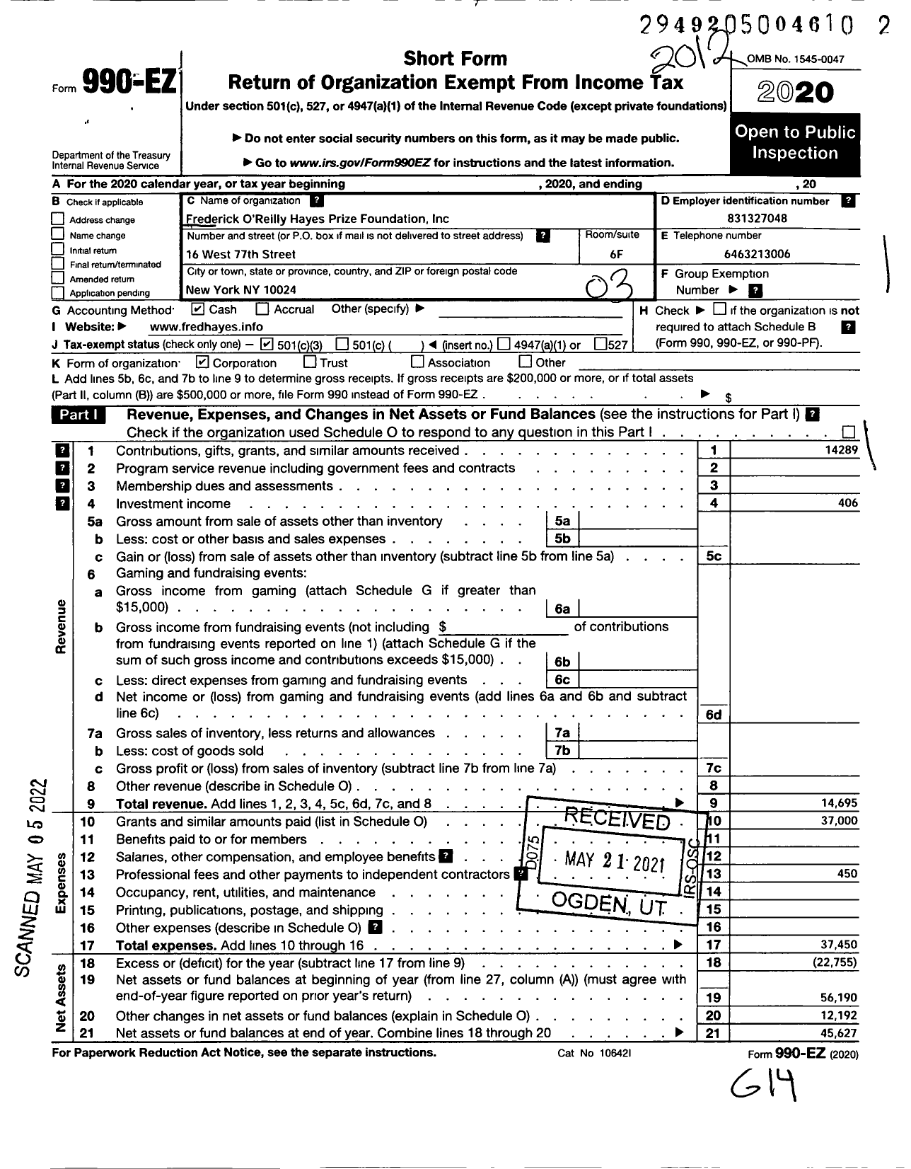 Image of first page of 2020 Form 990EZ for Frederick Oreilly Hayes Prize Foundation