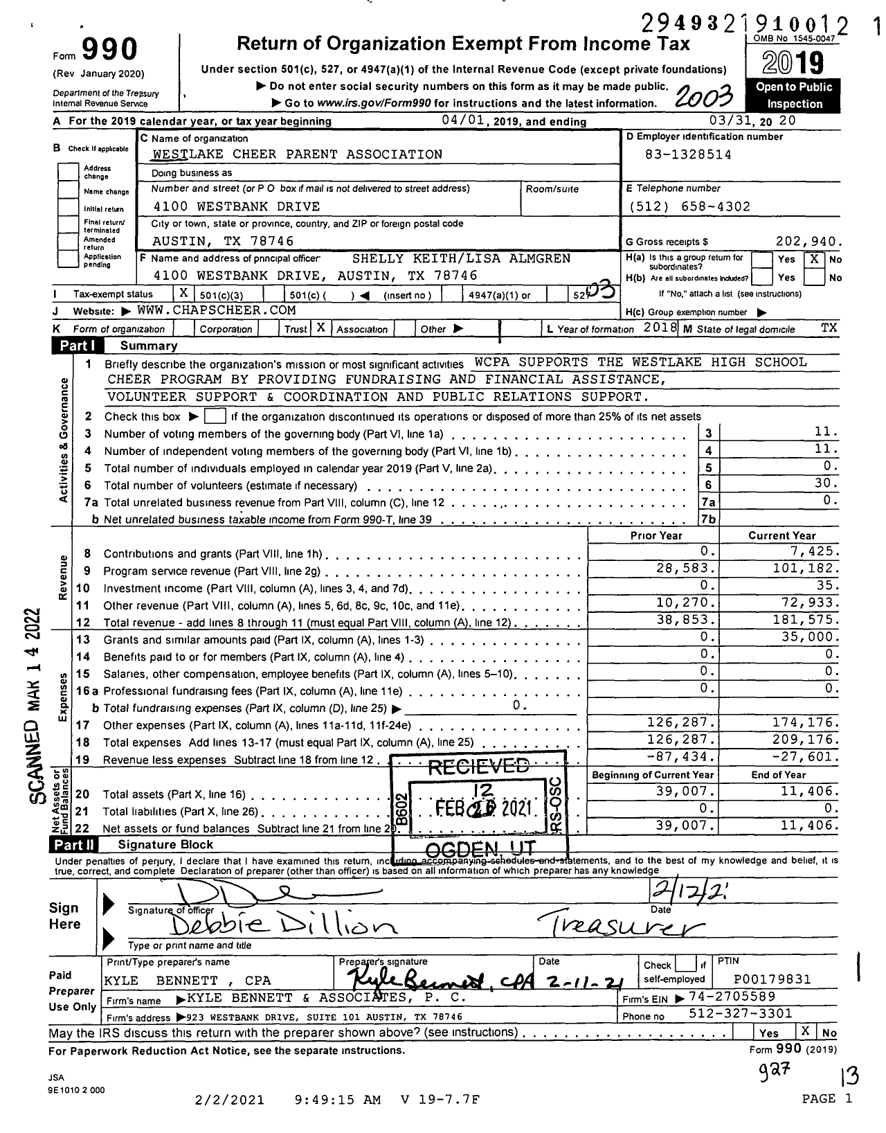 Image of first page of 2019 Form 990 for Westlake Cheer Parent Association