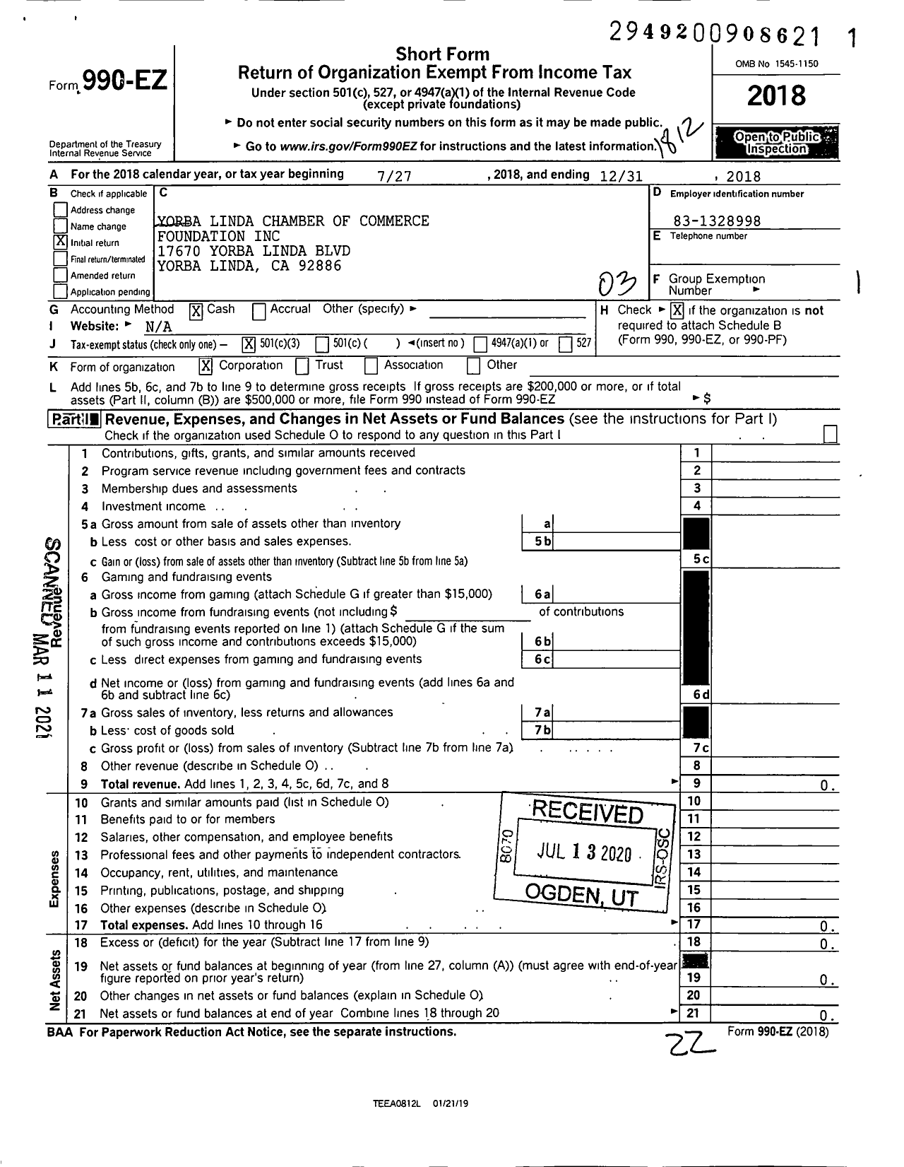 Image of first page of 2018 Form 990EZ for Yorba Linda Chamber of Commerce Foundation