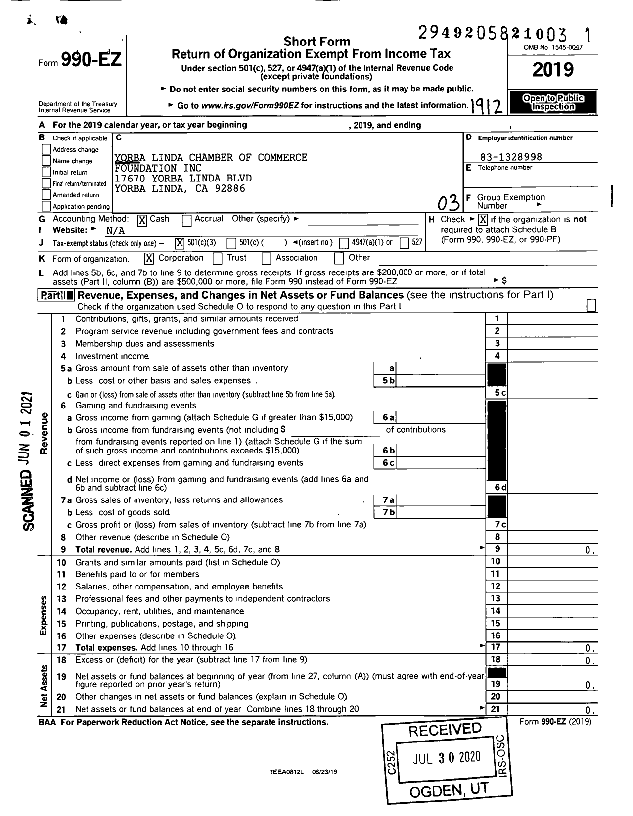 Image of first page of 2019 Form 990EZ for Yorba Linda Chamber of Commerce Foundation