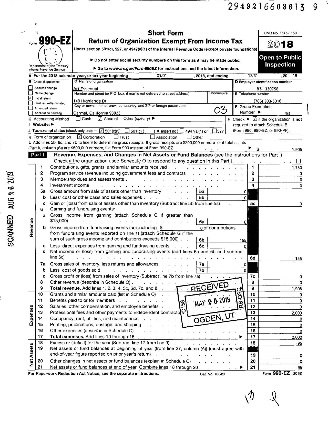 Image of first page of 2018 Form 990EZ for Art Essential