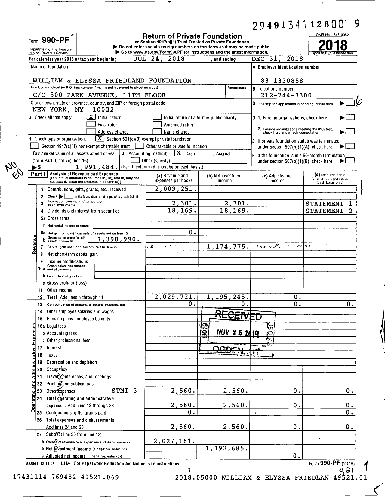 Image of first page of 2018 Form 990PF for William and Elyssa Friedland Foundation