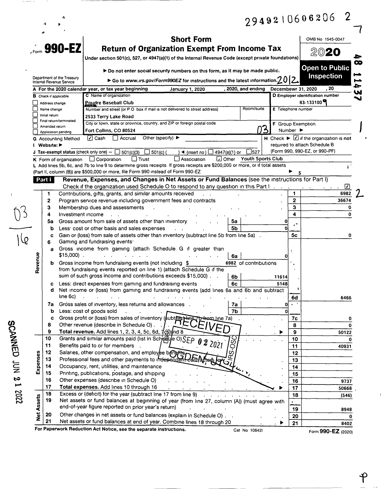 Image of first page of 2020 Form 990EZ for Poudre Baseball Club