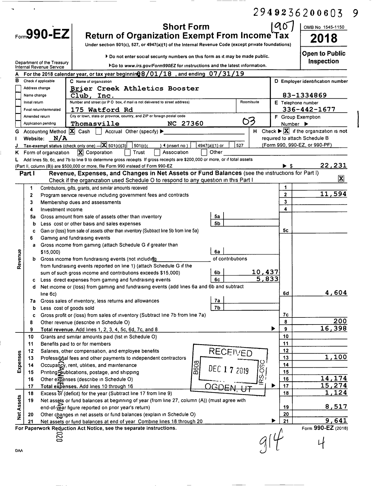 Image of first page of 2018 Form 990EZ for Brier Creek Athletics Booster Club