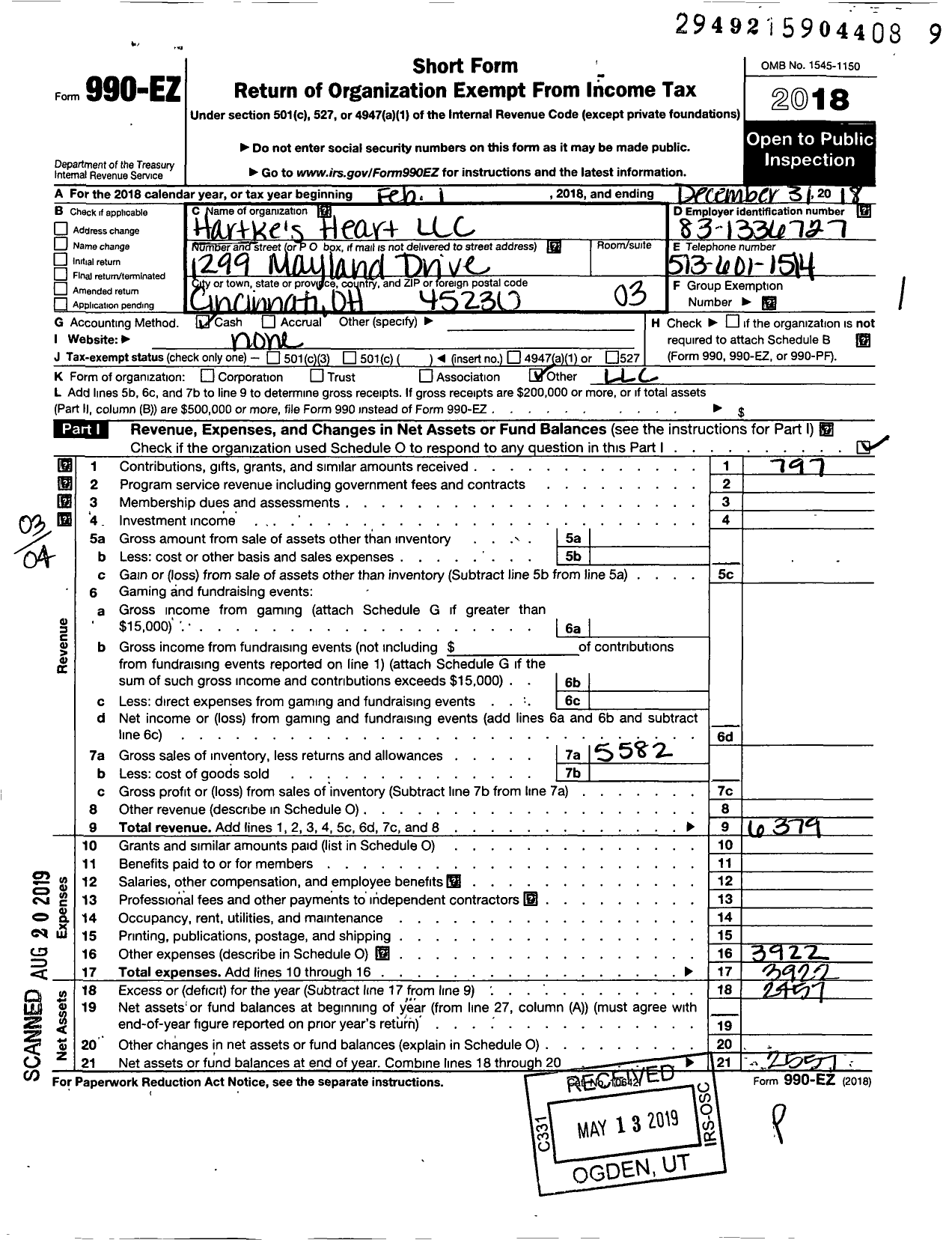 Image of first page of 2018 Form 990EZ for Hartkes Heart LLC