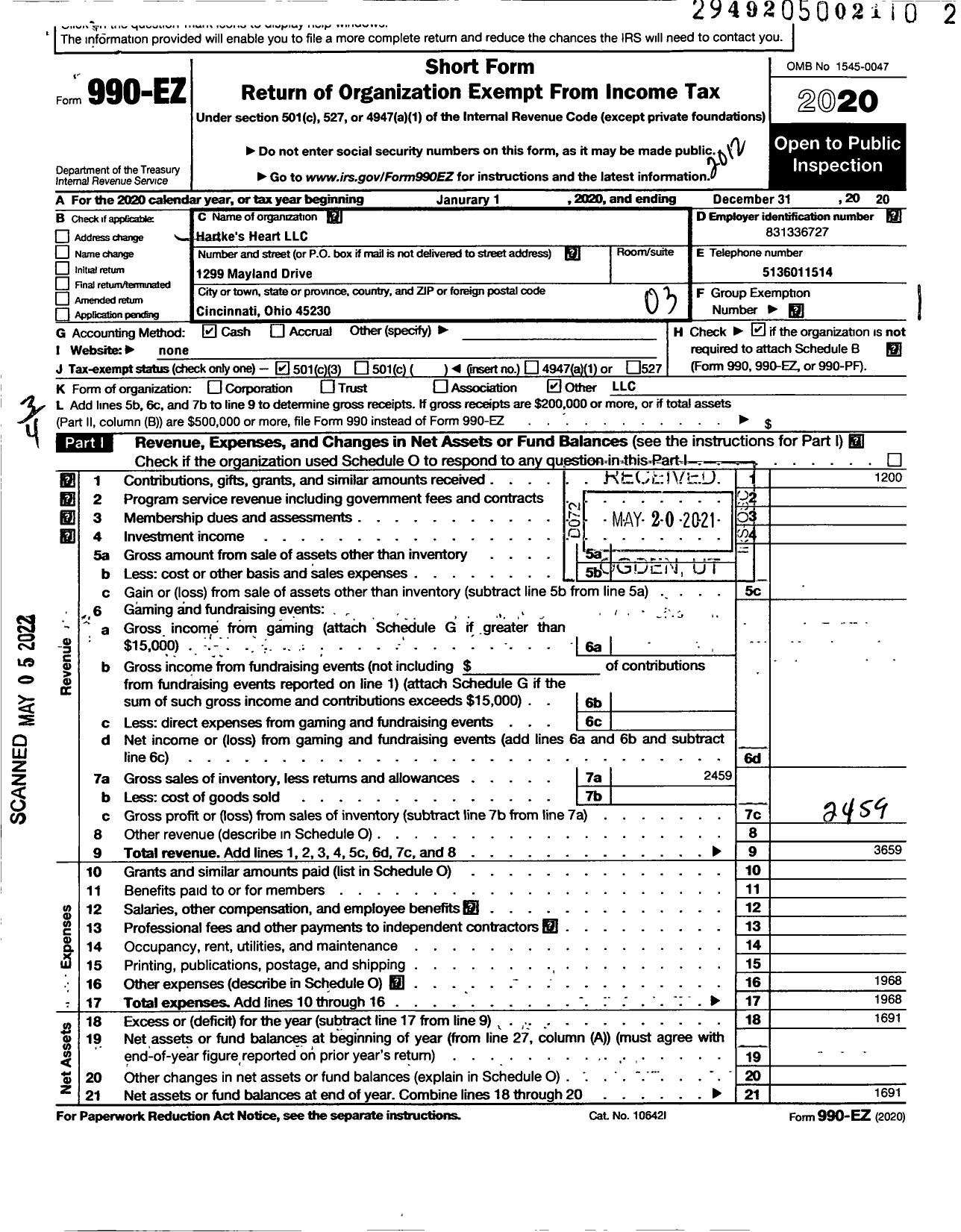 Image of first page of 2020 Form 990EZ for Hartkes Heart LLC