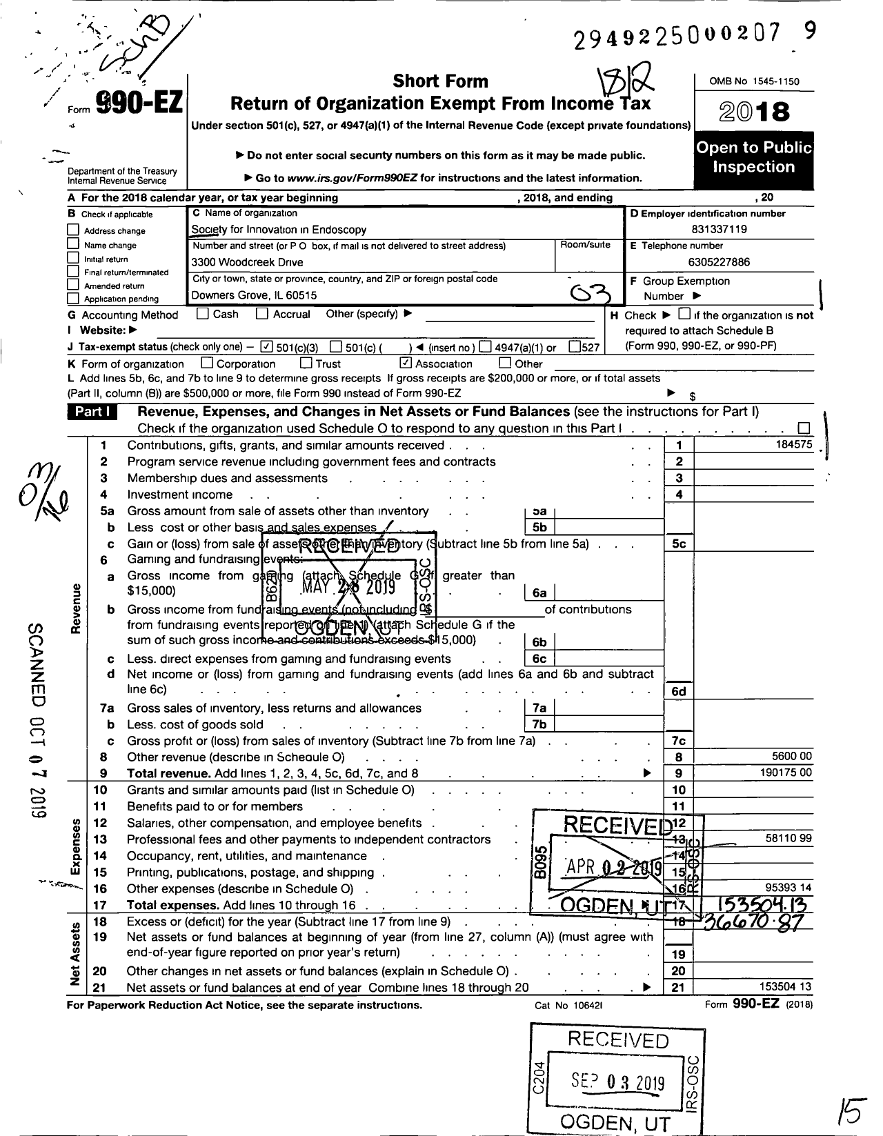 Image of first page of 2018 Form 990EZ for Society for Innovation in Endoscopy