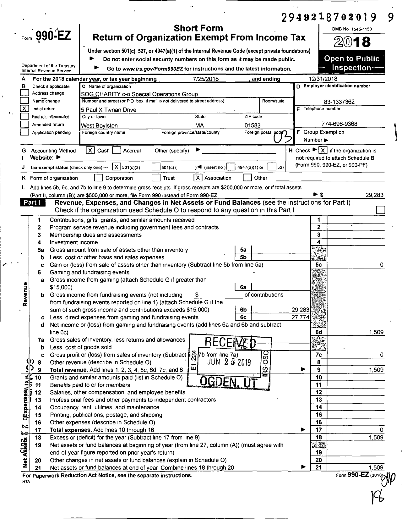 Image of first page of 2018 Form 990EZ for SOG CHARITY Special Operations Group