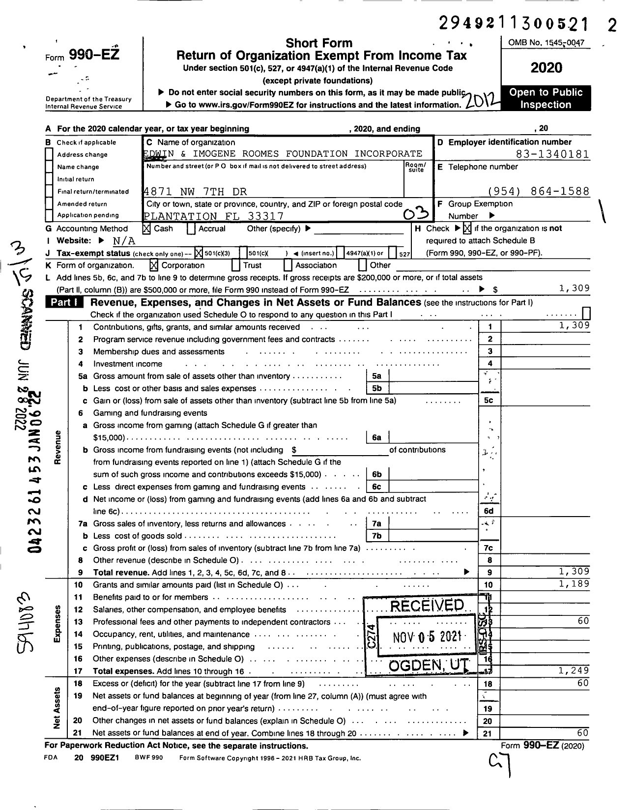 Image of first page of 2020 Form 990EZ for Edwin and Imogene Roomes Foundation Incorporated