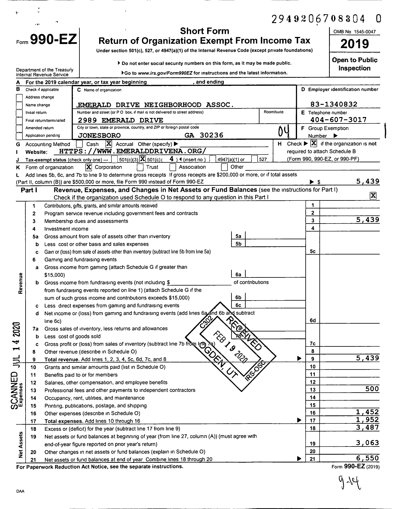 Image of first page of 2019 Form 990EO for Emerald Drive Neighborhood Association