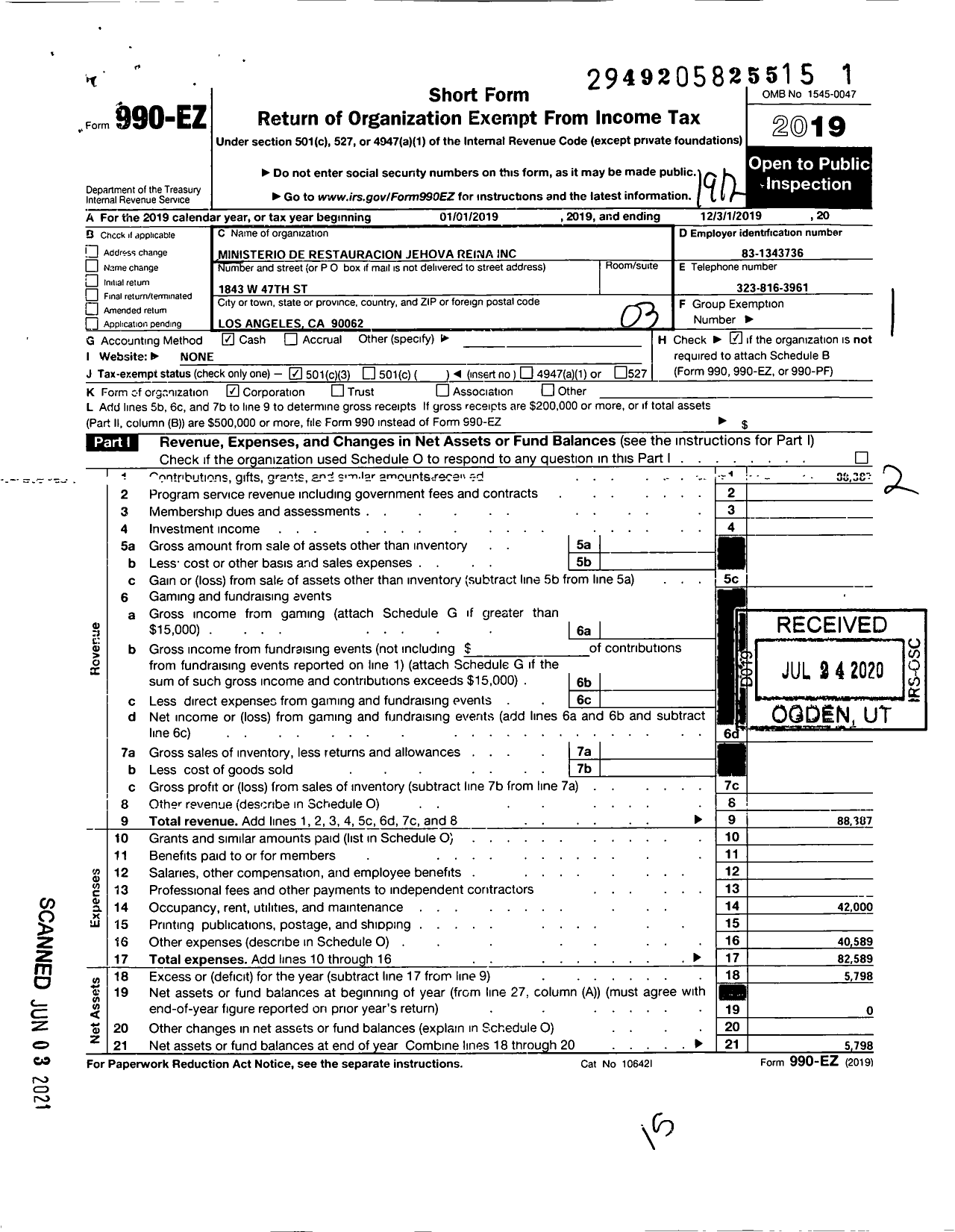 Image of first page of 2019 Form 990EZ for Ministerio de Restauracion Jehova Reina