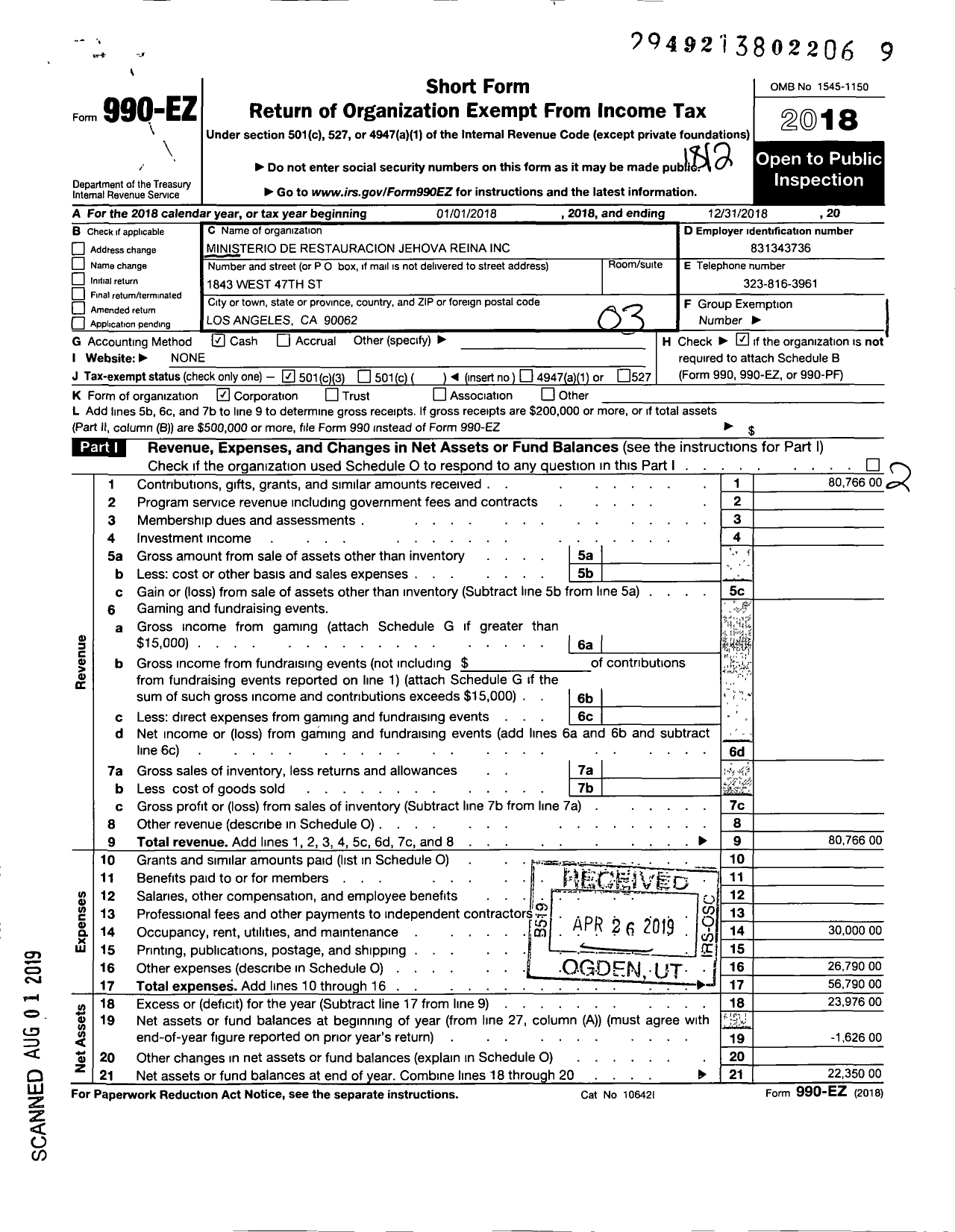 Image of first page of 2018 Form 990EZ for Ministerio de Restauracion Jehova Reina