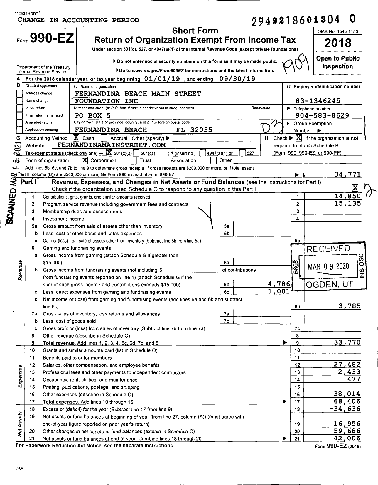 Image of first page of 2018 Form 990EZ for Fernandina Beach Main Street Foundation