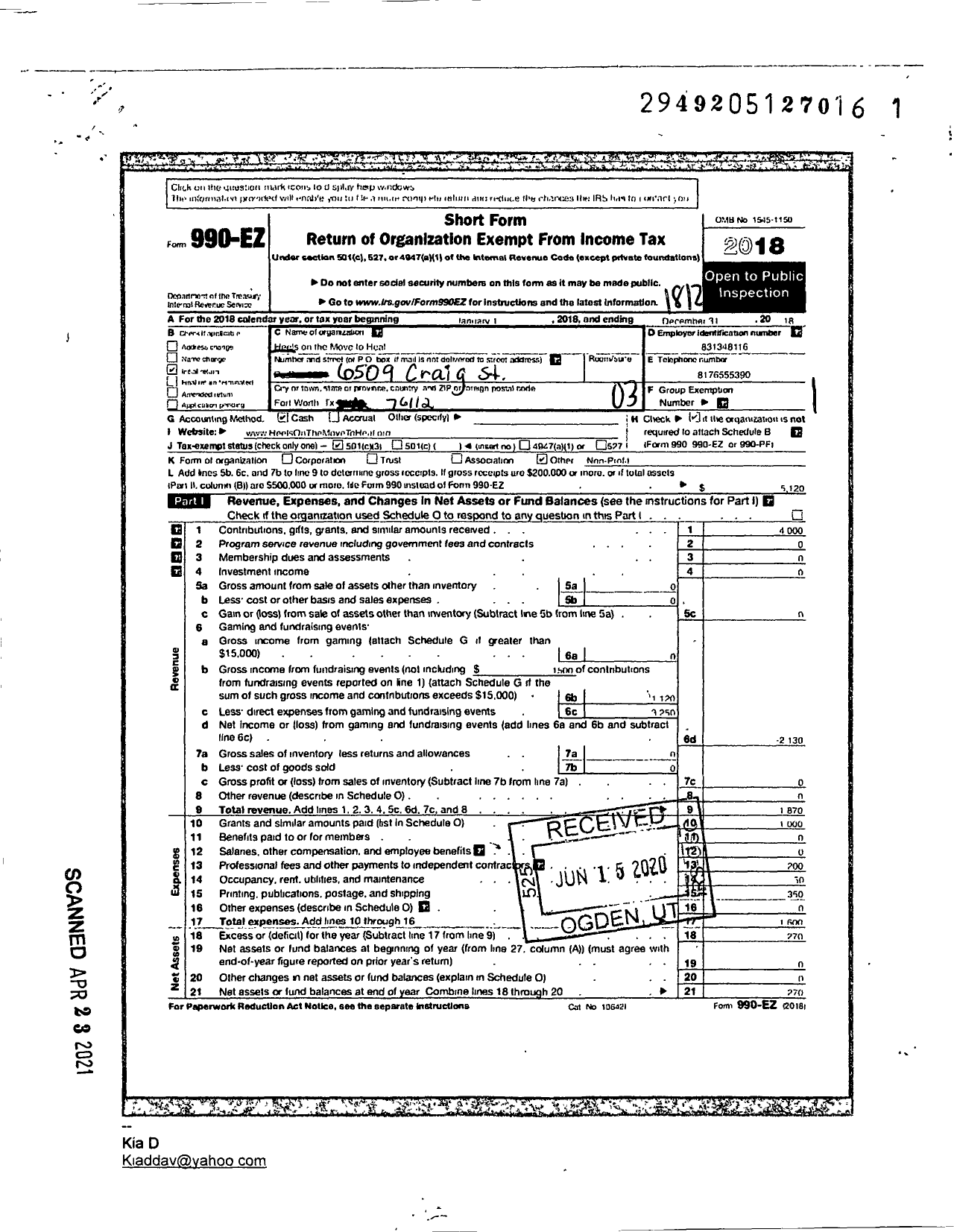 Image of first page of 2018 Form 990EZ for Heels on the Move To Heal