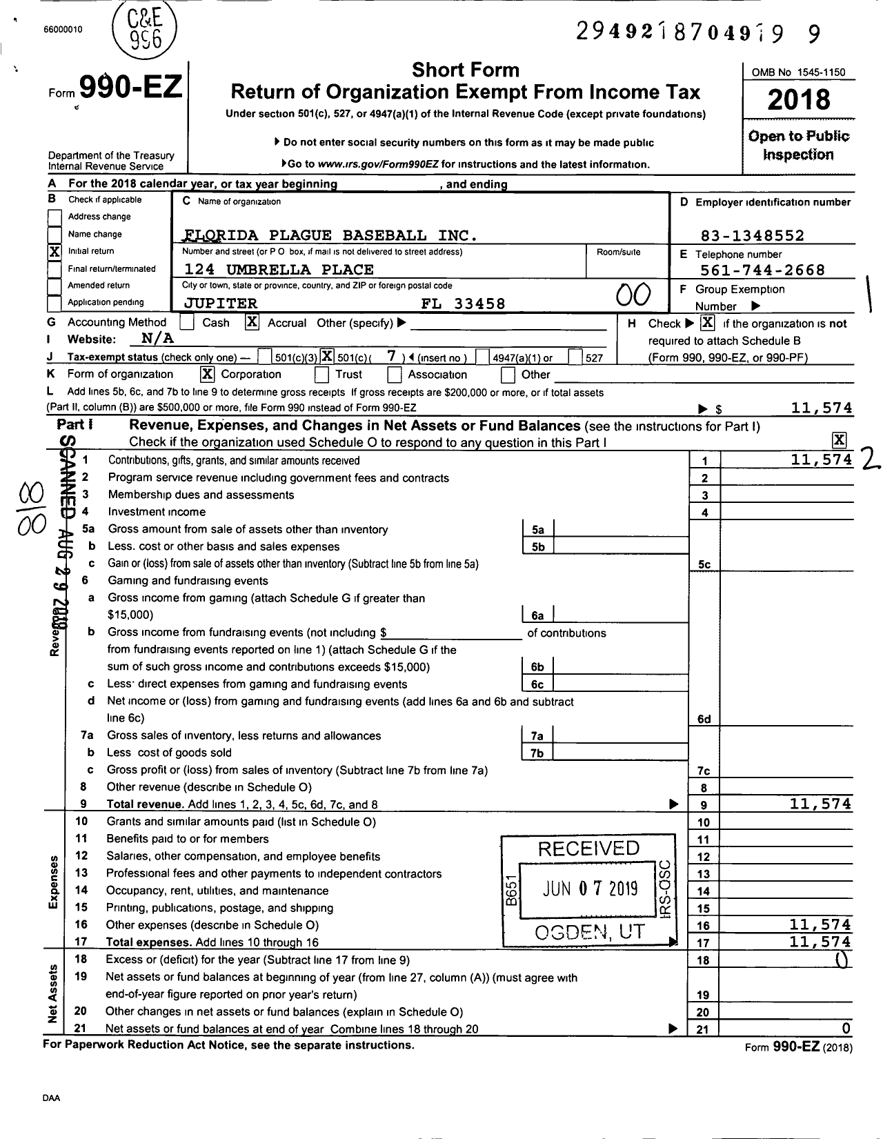 Image of first page of 2018 Form 990EO for Florida Plague Baseball