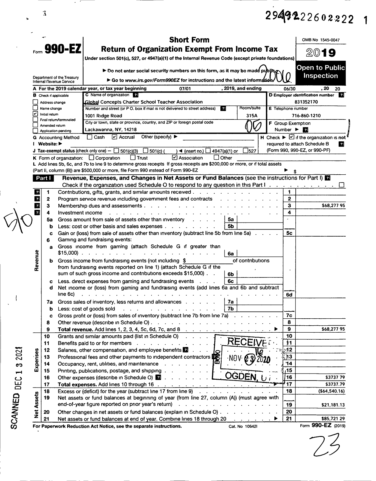 Image of first page of 2019 Form 990EO for American Federation of Teachers - 8129 Global Concepts Charter School