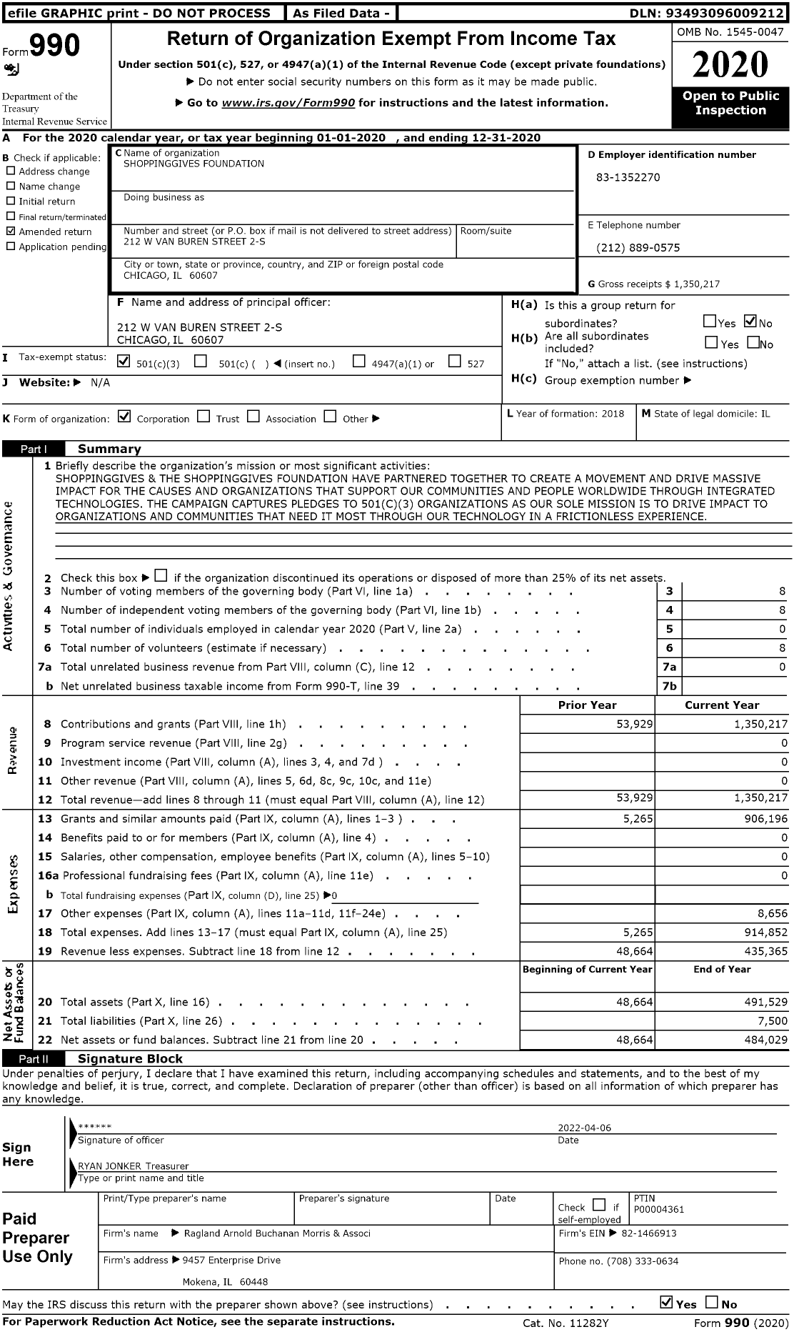 Image of first page of 2020 Form 990 for Shoppinggives Foundation