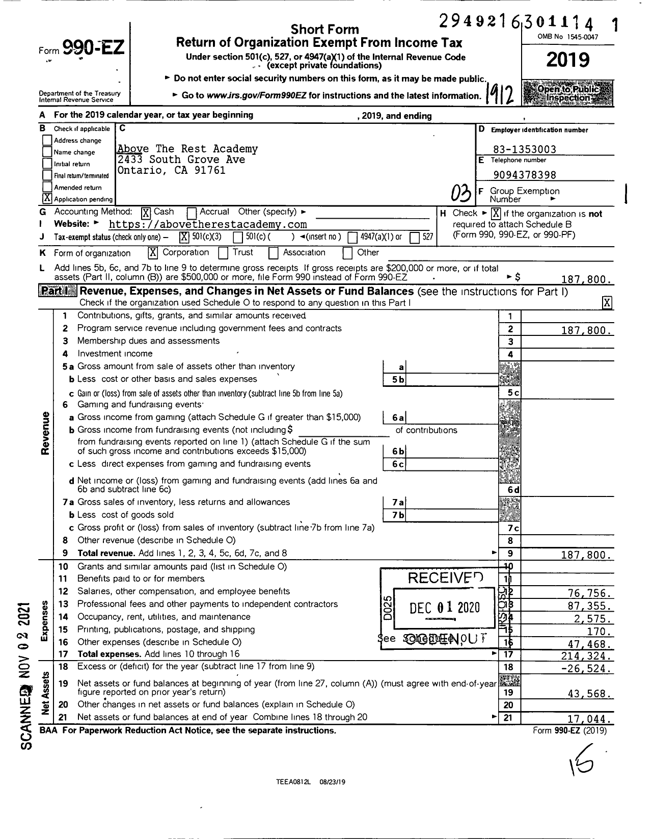 Image of first page of 2019 Form 990EZ for Above The Rest Academy