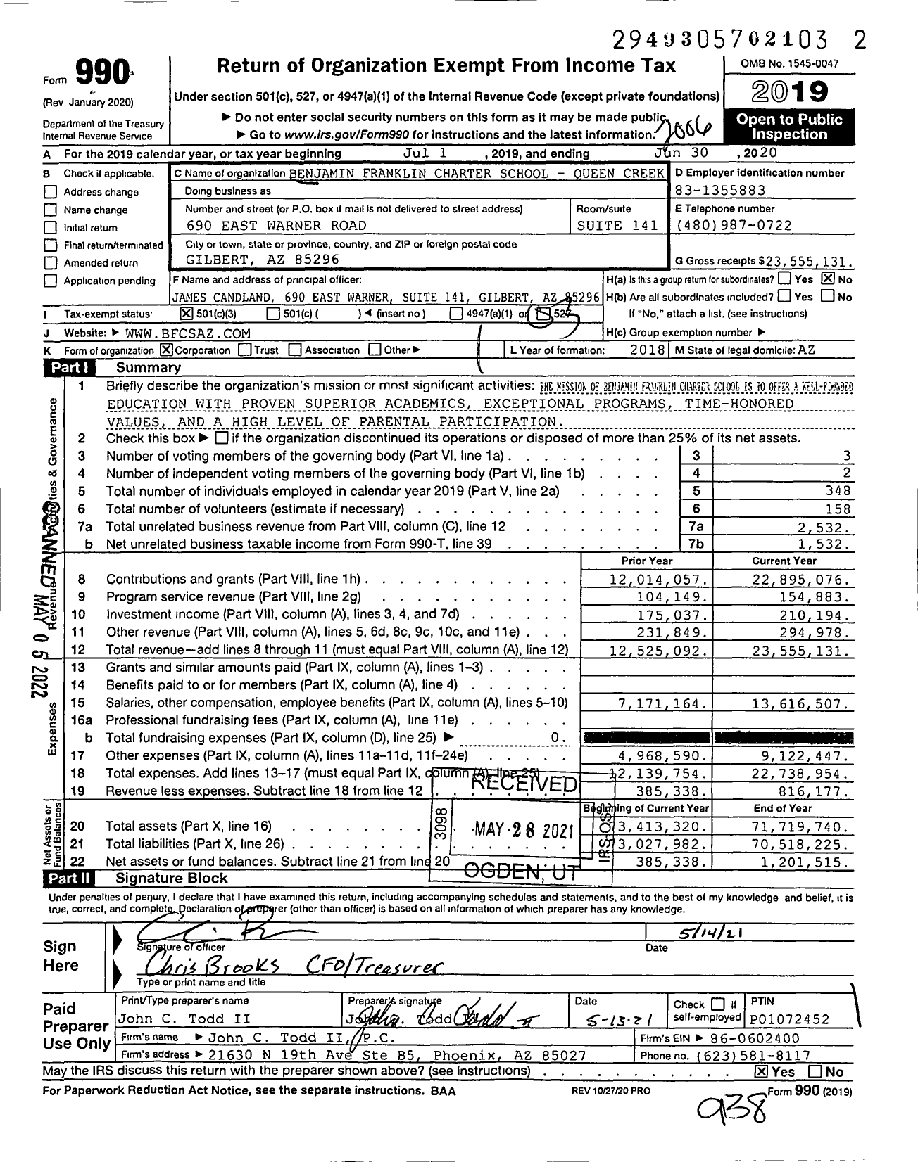 Image of first page of 2019 Form 990 for Benjamin Franklin Charter School - Queen Creek